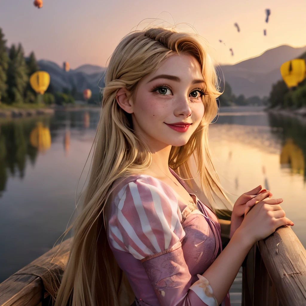 masterpiece, Perfect lighting, night, evening, Cinema Lighting, Adult, woman, View Viewer, Green Eyes, smile, :), freckles, blush, alone, (RSE Emma:1.5), (RapunzelWaifu:1.2), Pink Dress, blonde, Very long hair, (lake:1.35), on boat, night, (Multiple flying lanterns:1.48), horizon, hills, (sunset:1.1),