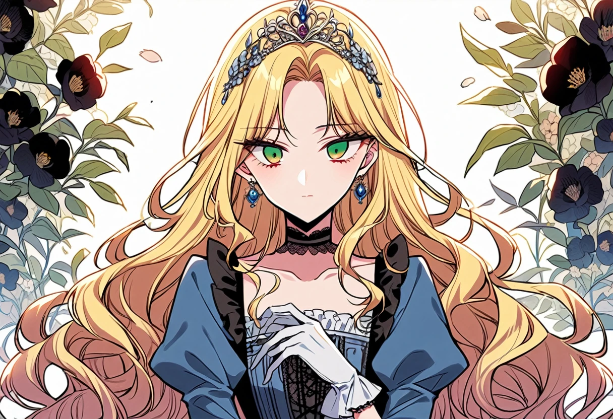 shoujo manga, (floral background), romance manhwa, BREAK (2girls:1.2), (aligned), silver hair, blonde hair, solo, long hair, flower, dress, (tiara), white dress, gloves, long sleeves, choker, (green eyes:1.2), red eyes, mascara, makeup, white gloves, black bow, black flower, wavy hair, bow, jewelry, looking at viewer, white background, collarbone, puffy sleeves, silver accessories, upper body, parted bangs, very long hair, blue dress, frills, bangs, closed mouth, detailed eyes, gleaming skin, shiny glossy skin