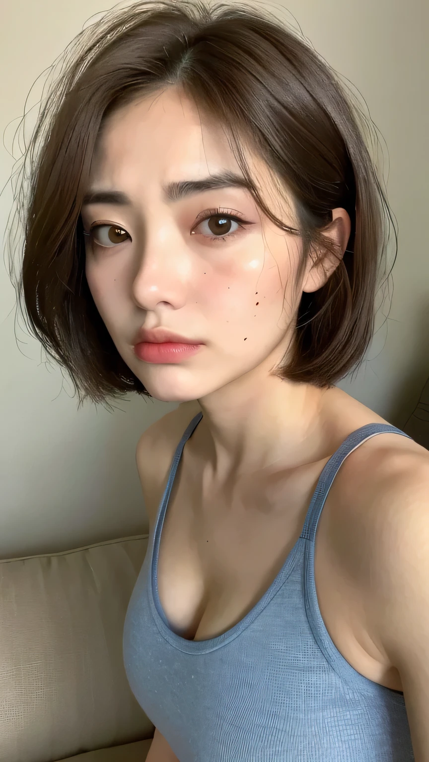 ((highest quality, 8k, masterpiece: 1.3)), 1 female, Japanese Idols,Sensual beauty: 1.3, (Hair style brown hair short hair, big: 1.2), Tank top: 1.1, Very grumpy face, Delicate eyes, double eyelid,Tanuki face,Mole, Sit on the sofa,Plump body,Mole,very thick paws,Cowboys photographed from above,Brow wrinkles,Frown,Sour face,