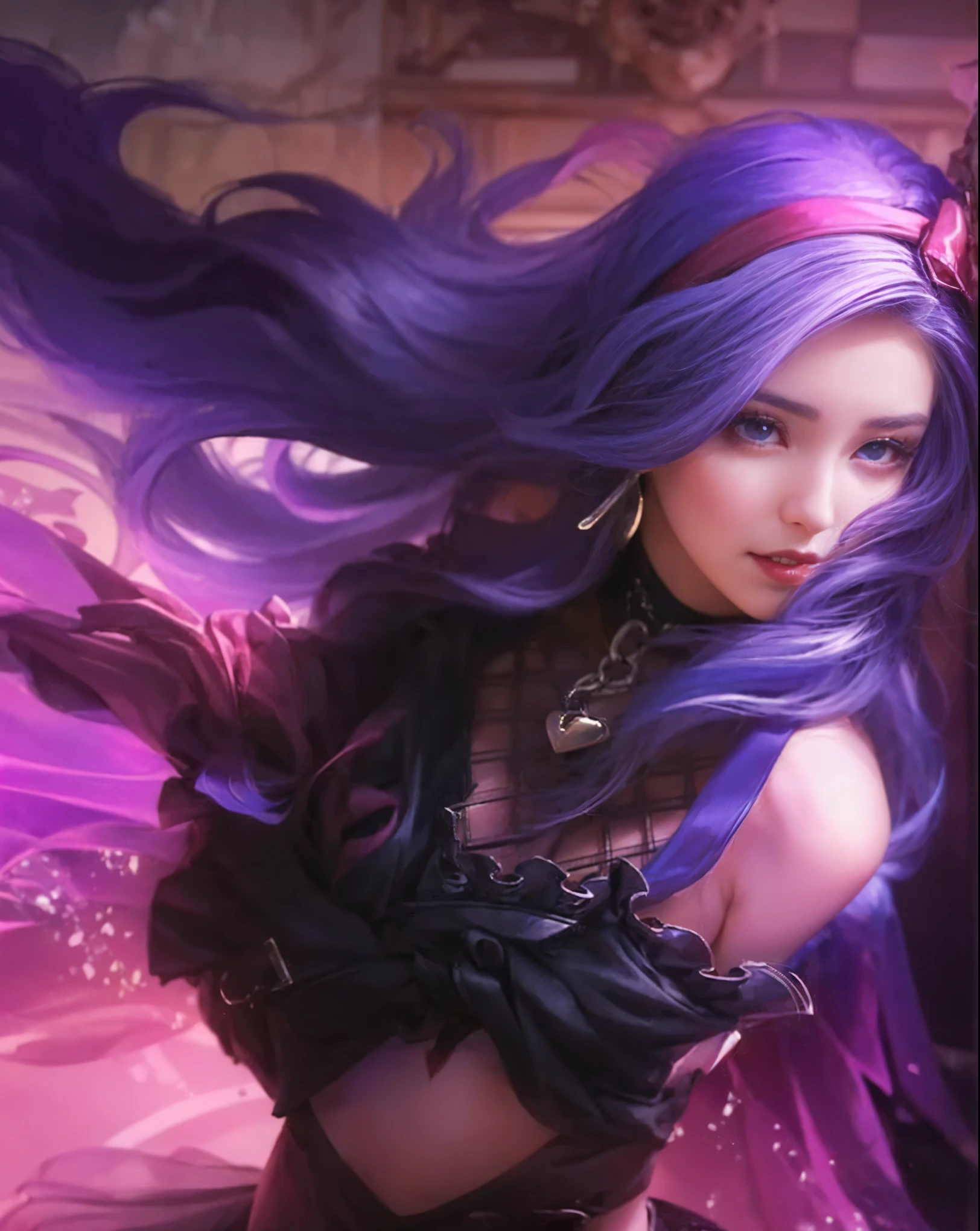 Realistic, High Quality. Purple hair vampire girl, European girl, a 25 years old girl, side-swept, messy hair, shoulder length hair, red ribbon hairband. almond eyes, big eyes, Red Pupils, Devil Pupils. Very beautiful model, Pale white skin. realistic skin, slim body shape, extremely detailed hair, delicate sexy face, gazing away, slight smile, red shiny lips. choker with heart-shaped padlock ornament. black gothic outfit. clapping hands.