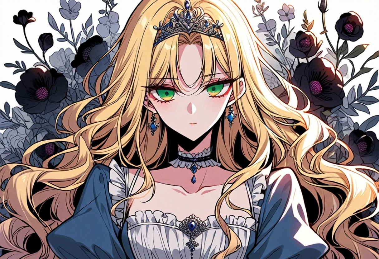 shoujo manga, (floral background), romance manhwa, BREAK (2girls:1.3), (aligned:1.2), couple, silver hair, blonde hair, solo, long hair, flower, dress, (tiara), white dress, gloves, long sleeves, choker, (green eyes), red eyes, mascara, makeup, white gloves, black bow, black flower, wavy hair, bow, jewelry, looking at viewer, white background, collarbone, puffy sleeves, silver accessories, upper body, parted bangs, very long hair, blue dress, frills, bangs, closed mouth, detailed eyes, gleaming skin, shiny glossy skin
