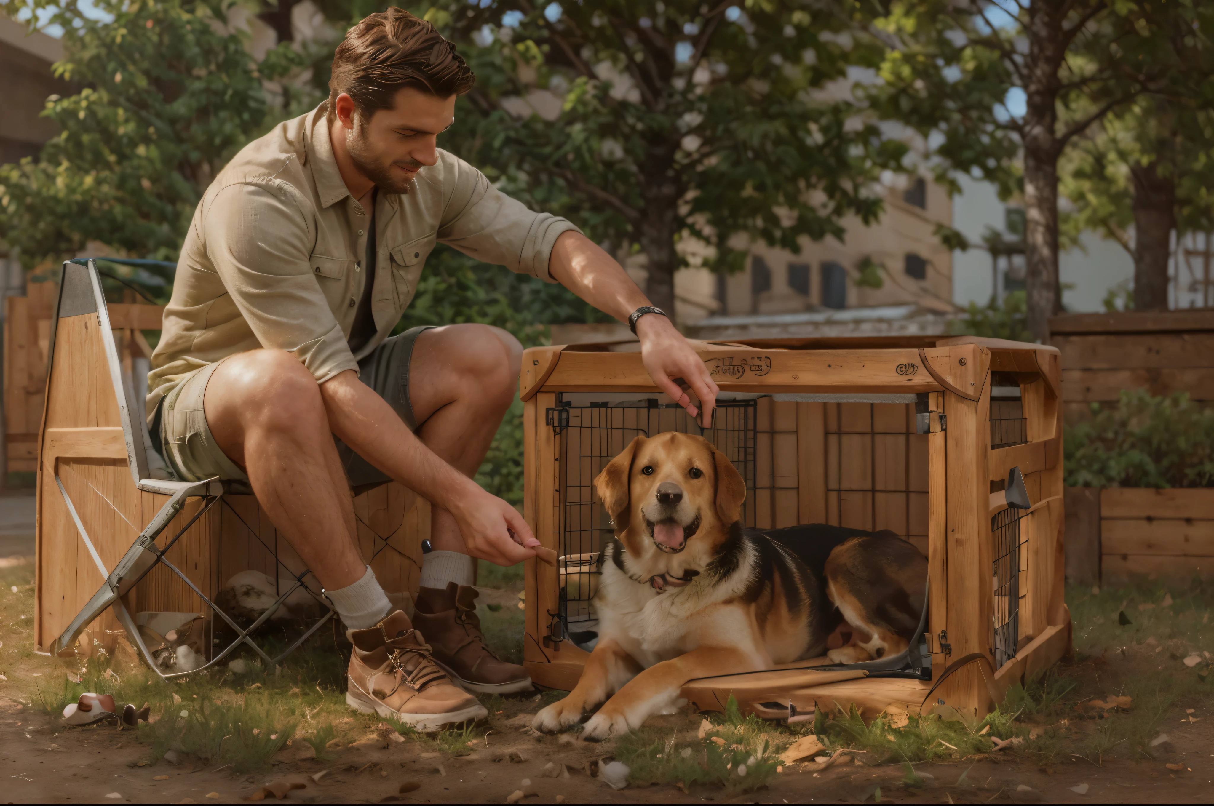 there is a man petting a dog in a dog crate, dog, powerful detail, incredibly realistic, easy to use, extremely realistic, with lots of details, large portrait, true realistic image, maximum detail, full of detail, portrait shot, box, a wide full shot, pet animal, outdoors, extremely detailed and lifelike, easy, outdoor, handsome man