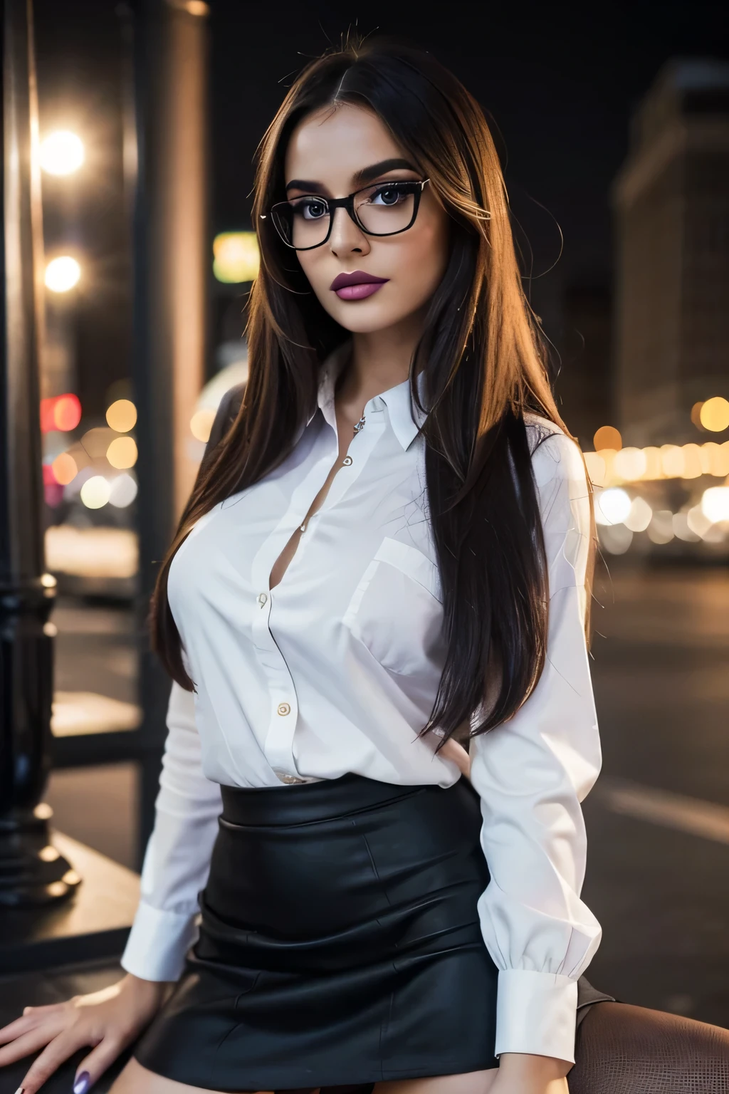 a caucasian girl glasses elegant black mini skirt public square night sitting standing dark sky evening dark atmosphere purple lipstick fitted tight straight hair super realistic evening mood sexual tension detailed face looking at viewer shy stockings elegant colorful ((Best quality)), ((masterpiece)), (detailed), perfect face, normal anatomy, Very seductive, blonde,