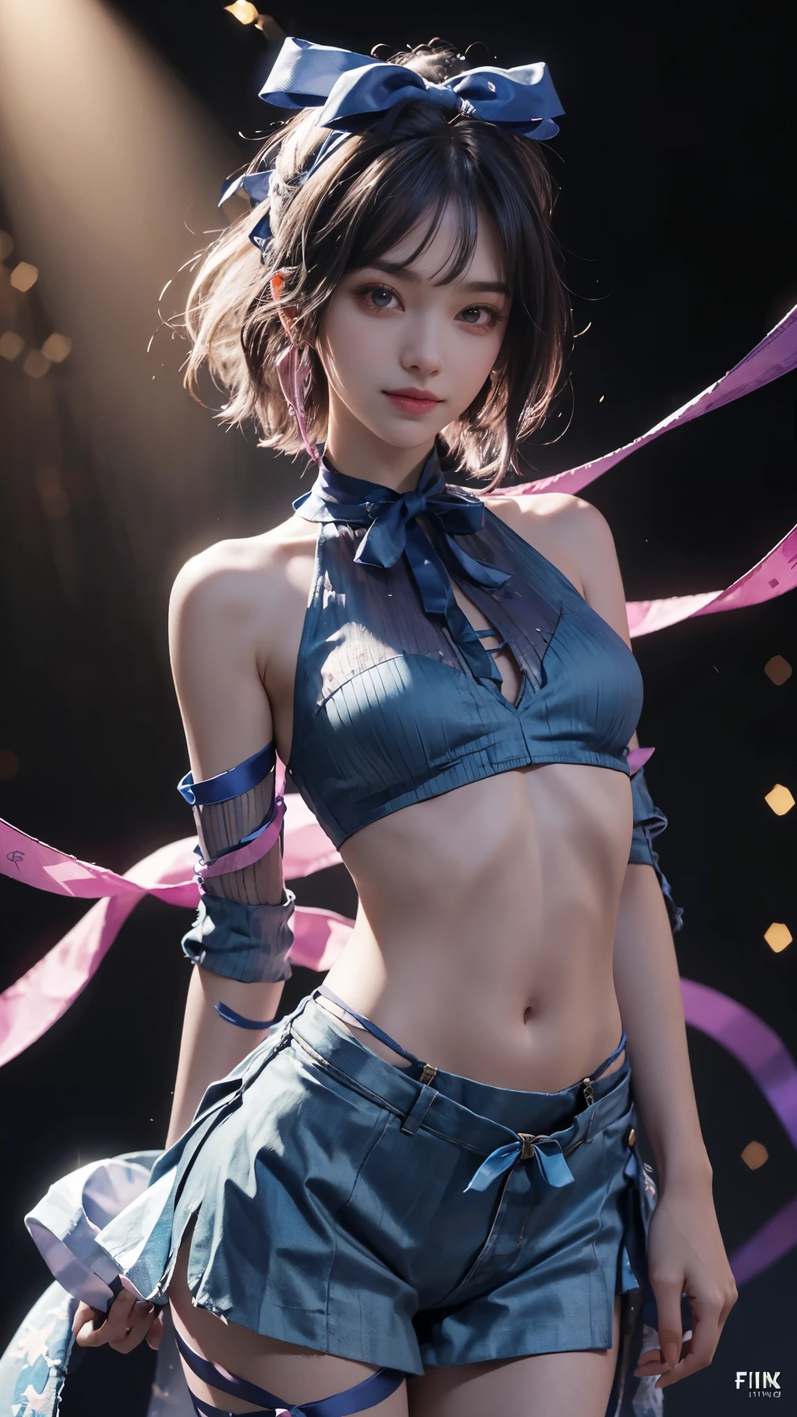 (ultra-realistic realism), (illustratio), (A high resolution), (8K), (The is very detailed), (Best Illustration), (Beautifully detailed eyes), (top-quality), (ultra - detailed), (tmasterpiece), (the wallpaper), (A detailed face), solo, 1 girl in, looking at viewert, finedetail, A detailed face, in the darkness nigth, deep shading, low tune, pureerosfaceace_V1, A smile, blue shawl ,straight hair, 46-point diagonal bangs, (Silk clothing, short clothing, strips), (strips:1.5), (strait ribbon:1.5), (cropped shoulders), The view of the night city,Light pastel coloured outfit,Nipples,streaks,Small breasts,near-flat chest,Very small hips,Very thin waist,Very thin legs,Very thin thighs,Morning Glow,In the spotlight,Pink nipples,Long inseam,