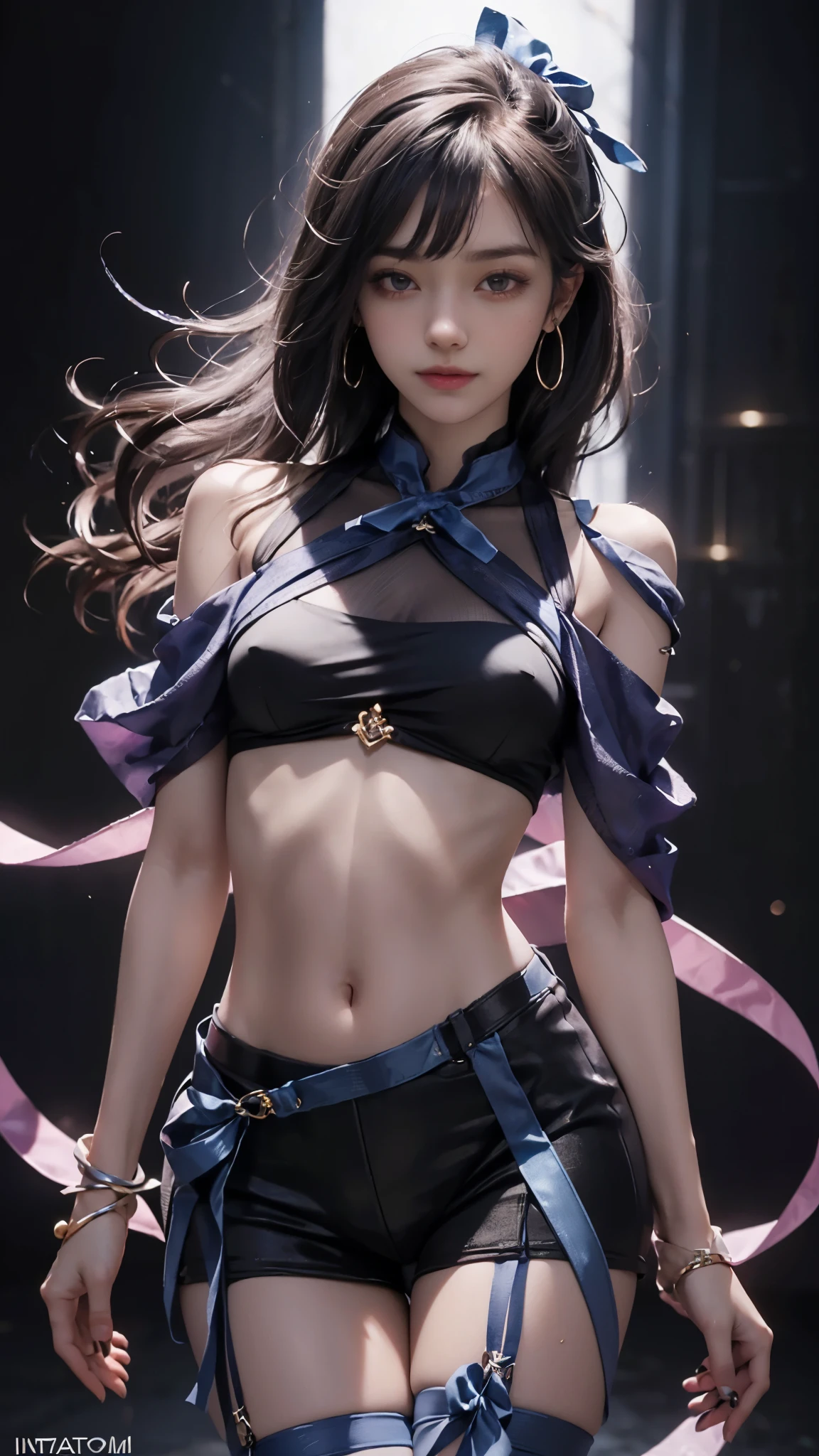 (ultra-realistic realism), (illustratio), (A high resolution), (8K), (The is very detailed), (Best Illustration), (Beautifully detailed eyes), (top-quality), (ultra - detailed), (tmasterpiece), (the wallpaper), (A detailed face), solo, 1 girl in, looking at viewert, finedetail, A detailed face, in the darkness nigth, deep shading, low tune, pureerosfaceace_V1, A smile, blue shawl ,straight hair, 46-point diagonal bangs, (Silk clothing, short clothing, strips), (strips:1.5), (strait ribbon:1.5), (cropped shoulders), The view of the night city,Light pastel coloured outfit,Nipples,streaks,Small breasts,near-flat chest,Very small hips,Very thin waist,Very thin legs,Very thin thighs,Morning Glow,In the spotlight,Pink nipples,Long inseam,