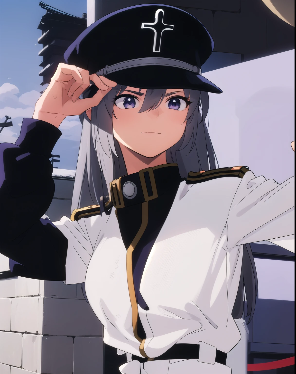 A female cosplayer with long gray hair is wearing a white military uniform and a hat with a black cross emblem. She is posing with her hand holding the brim of the hat, showing a confident expression. The background of the picture shows posters with a dark theme, adding to the mysterious and intense atmosphere