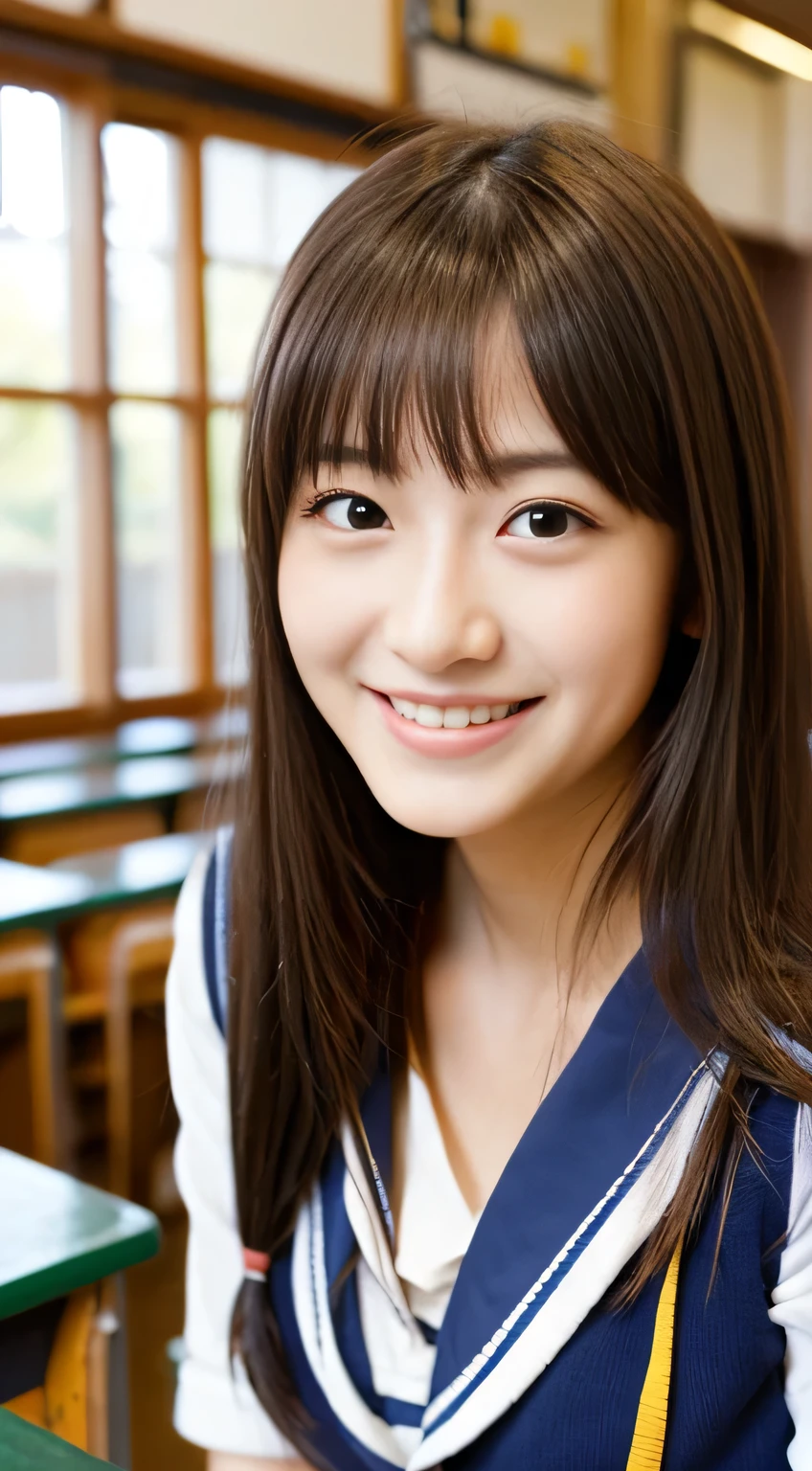 masterpiece,best quality,(Japanese schoolgirl),((Beautiful girl)),((18yo)),cleavage,((schoolroom)),the expression imagining what feels good:1.2,(perfect body beauty:1.2),((perfect body)),(shy smile),beautiful teeth,