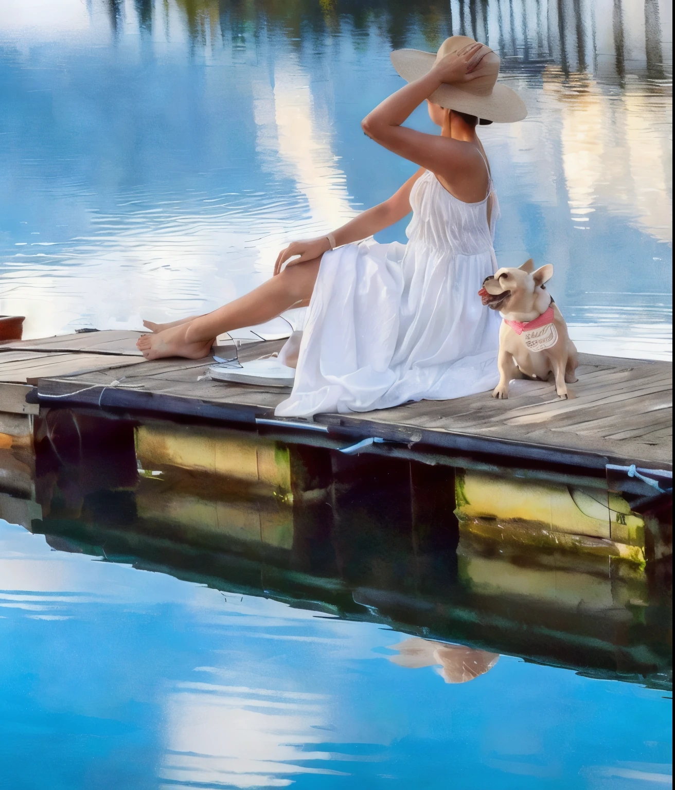 woman in white dress sitting on dock with dog on leash, sitting on a wooden dock, sitting on a wood dock, at the waterside, unwind!, gazing at the water, by Judith Gutierrez, summer afternoon, sitting on a reflective pool, afternoon hangout, summer setting, inspired by Enrique Simonet, summer morning light, amazingly composed image, portrait shot, poised