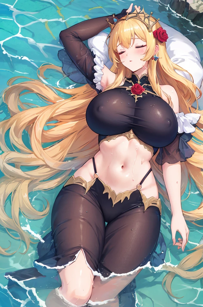 masterpiece，8k，Fairy tale style，Rose Princess，sleeping Beauty，A woman with big ，(Gorgeous woman)，ahegao，Long blond hair，Showing belly，Slim waist，Lying in the sea，Wet clothes，