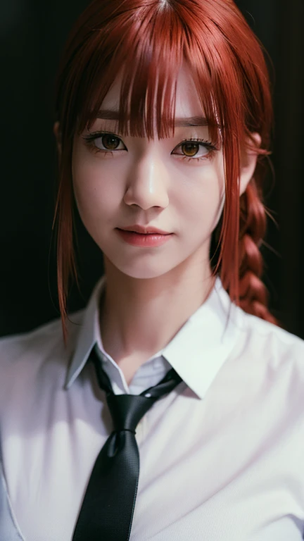 (8k, RAW photo, masterpiece, best quality, realistic:1.4), makima \(chainsaw man\), (red hair)+(long braided hair)+(bangs), yellow eyes, golden eyes, (ringed eyes), ((asian)), (white shirt), (necktie), tied up bangs, stare, smile, (evil:1.2), looking at viewer