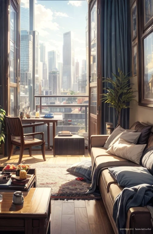 (masterpiece:1.2), best quality,PIXIV,cozy animation scenes,
scenery, cityscape, city, skyscraper, building, window, cloud, sky, food, indoors, computer, book, bed, table, clock, pillow, no humans, chair, cake, monitor, cup, plate, skyline, lying