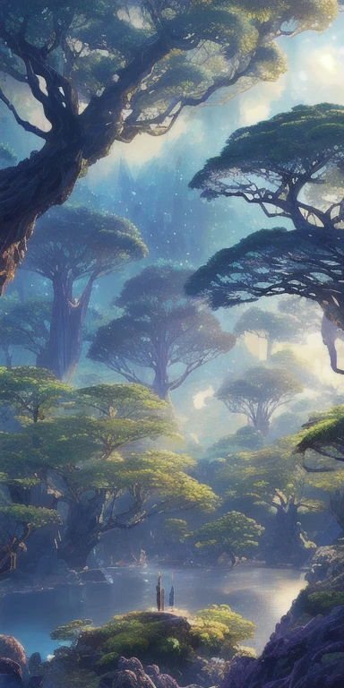 Surreal illustration , Otherworldly, Ultra-aerial scene featuring the entire body of a giant crystal tree,Highly detailed and magical lighting, Intricate forest details, Surrounding vegetation and river, Solarpunk ,landscape, Giant Tree, Beautiful foliage with beautiful lighting and realistic proportions, Like a movie background, 8k, highest quality, masterpiece, Sky with clouds and stars.