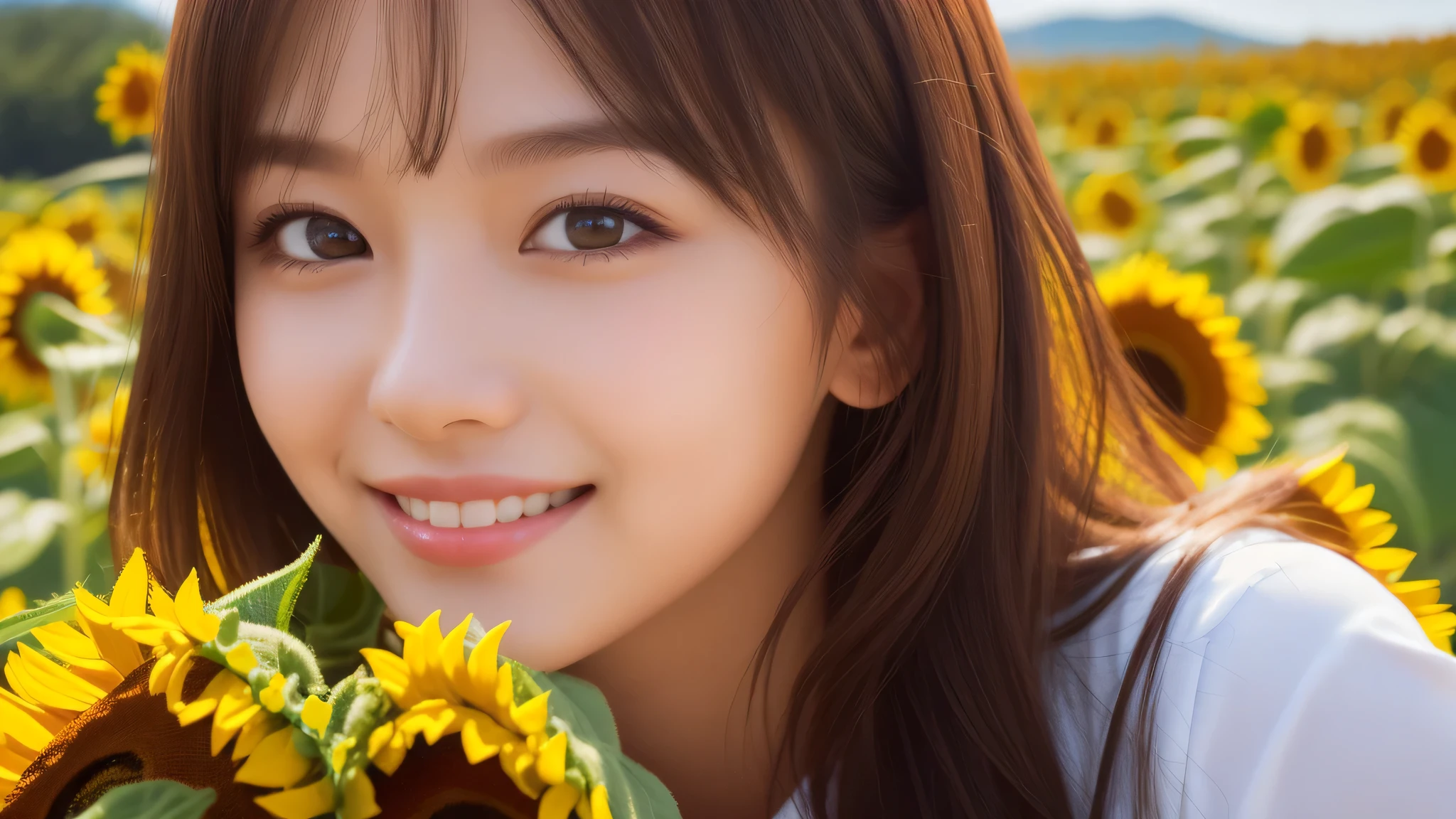 refreshing smiles, (high school uniform), (Best Quality:1.4), Realistic, extremely detailed CG unified 8k wallpaper, highly detailed, High-definition raw color photos, professional photography, Realistic portrait, Beautiful detailed, Close up portrait of girl, Outdoors, Beautiful scenery, (Sunflowers spreading around:1.3), The sight of many sunflowers blooming, (Fine face:1.2), 
