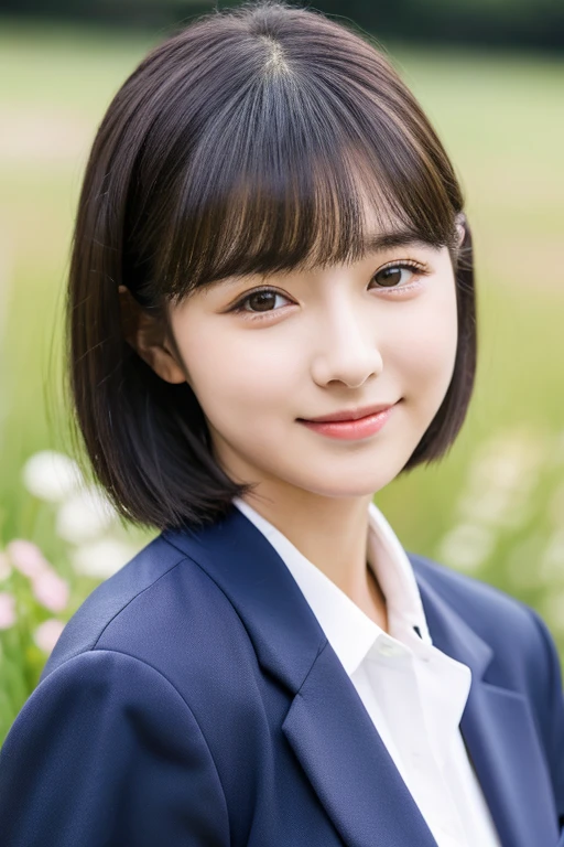 Beautiful woman in a navy blue suit、Japanese Idol、20-year-old、85 mm、Close-up、Raw photo、A shy smile、Beautiful Eyes、Round eyes、Dating、look here、See-through bangs、Black Hair、short hair、field、Official Art、pure、Clear skin、Red cheeks、delicate