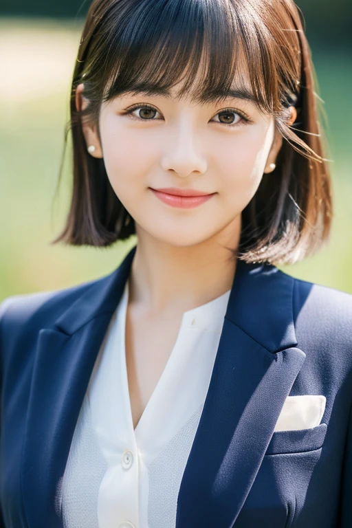 Beautiful woman in a navy blue suit、Japanese Idol、20-year-old、85 mm、Close-up、Raw photo、A shy smile、Beautiful Eyes、Round eyes、Dating、look here、See-through bangs、Black Hair、short hair、field、Official Art、pure、Clear skin、Red cheeks、delicate