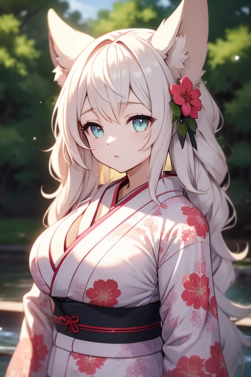 Animal ears girl Floral kimono Big Breasts soaked See-through