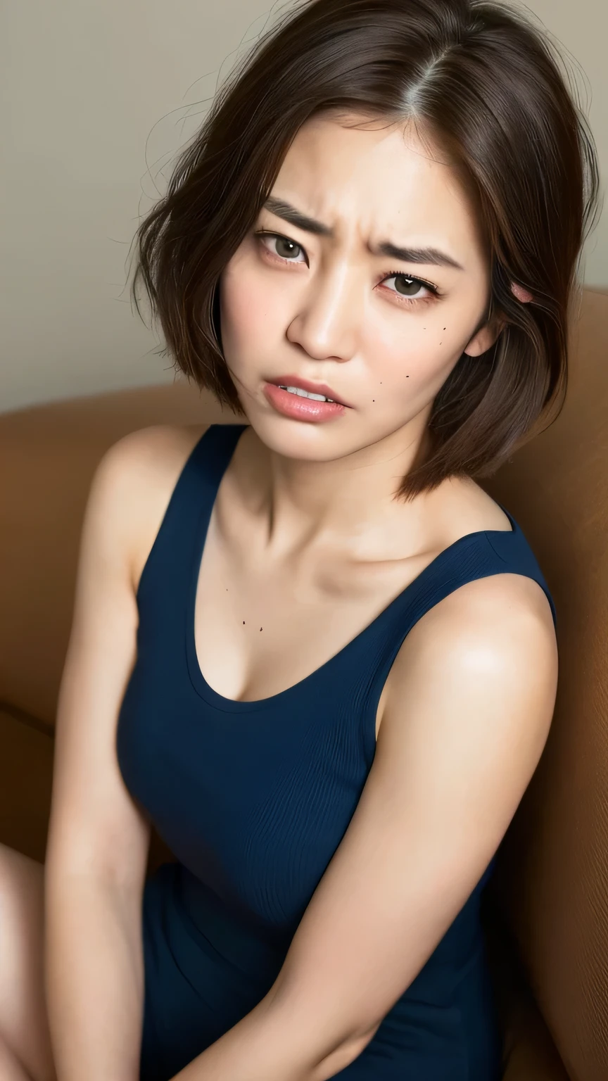 ((highest quality, 8k, masterpiece: 1.3)), 1 female, Japanese Idols,Sensual beauty: 1.3, (Hair style brown hair short hair, big: 1.2), Tank top: 1.1, Very grumpy face, Delicate eyes, double eyelid,Tanuki face,Mole, Sit on the sofa,Plump body,Mole,very thick paws,Cowboys photographed from above,Brow wrinkles,Frown,Sour face,Teeth grinding,Rage,