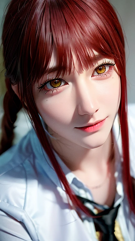 (8k, RAW photo, masterpiece, best quality, realistic:1.4), makima \(chainsaw man\), (red hair)+(long braided hair)+(bangs), yellow eyes, golden eyes, (ringed eyes), ((asian)), (white shirt), (necktie), tied up bangs, stare, smile, (evil:1.2), looking at viewer