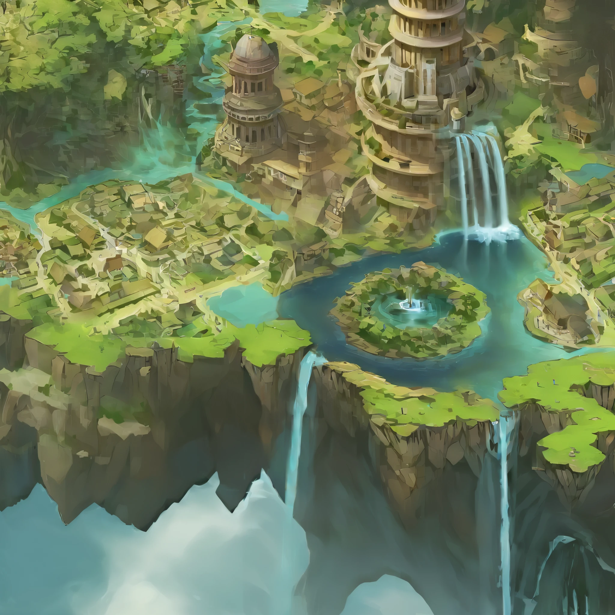 game map, isometric, detailed, colorful, buildings, water, grass