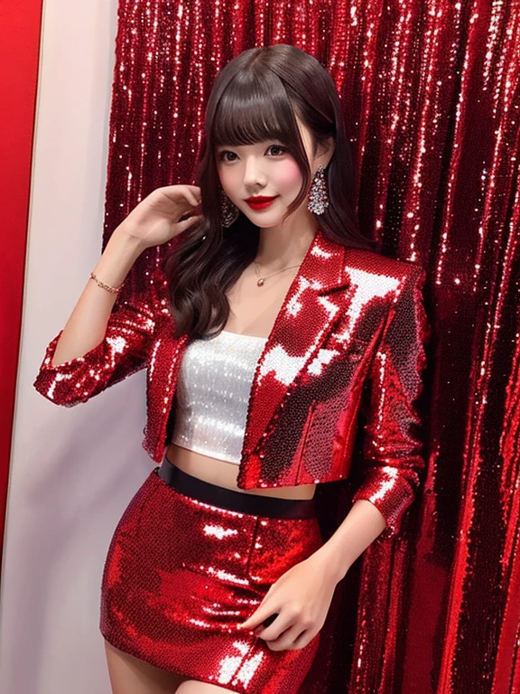 Young and beautiful woman in Japan,Angle from the front、 Charming person, Red sequin formal suit（Tight mini skirt）、An illustration