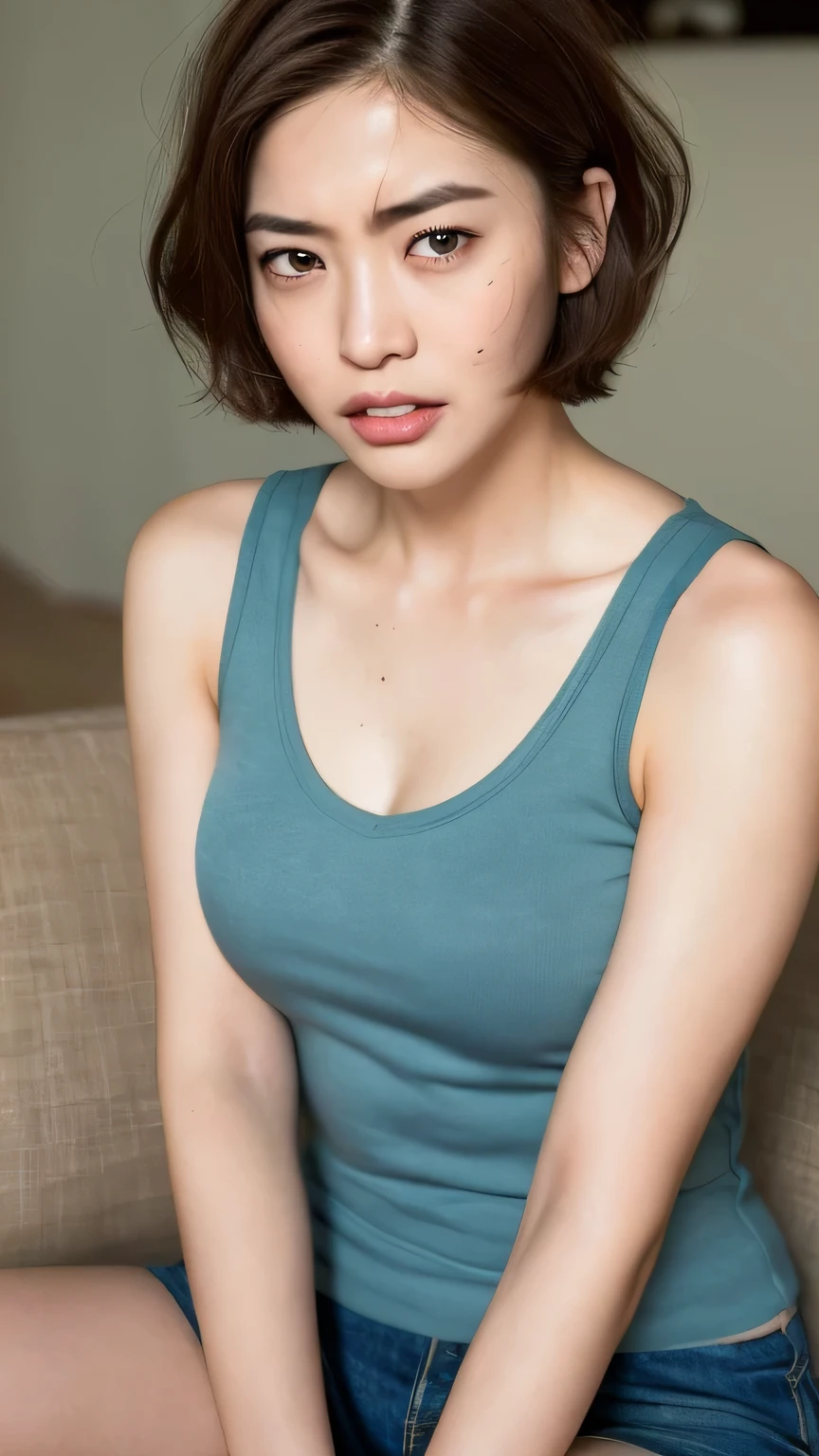 ((highest quality, 8k, masterpiece: 1.3)), 1 female, Japanese Idols,Sensual beauty: 1.3, (Hair style brown hair short hair, big: 1.2), Tank top: 1.1, Very grumpy face, Delicate eyes, double eyelid,Tanuki face,Mole, Sit on the sofa,Plump body,Mole,very thick paws,Cowboys photographed from above,Brow wrinkles,Frown,Sour face,Teeth grinding,Rage,