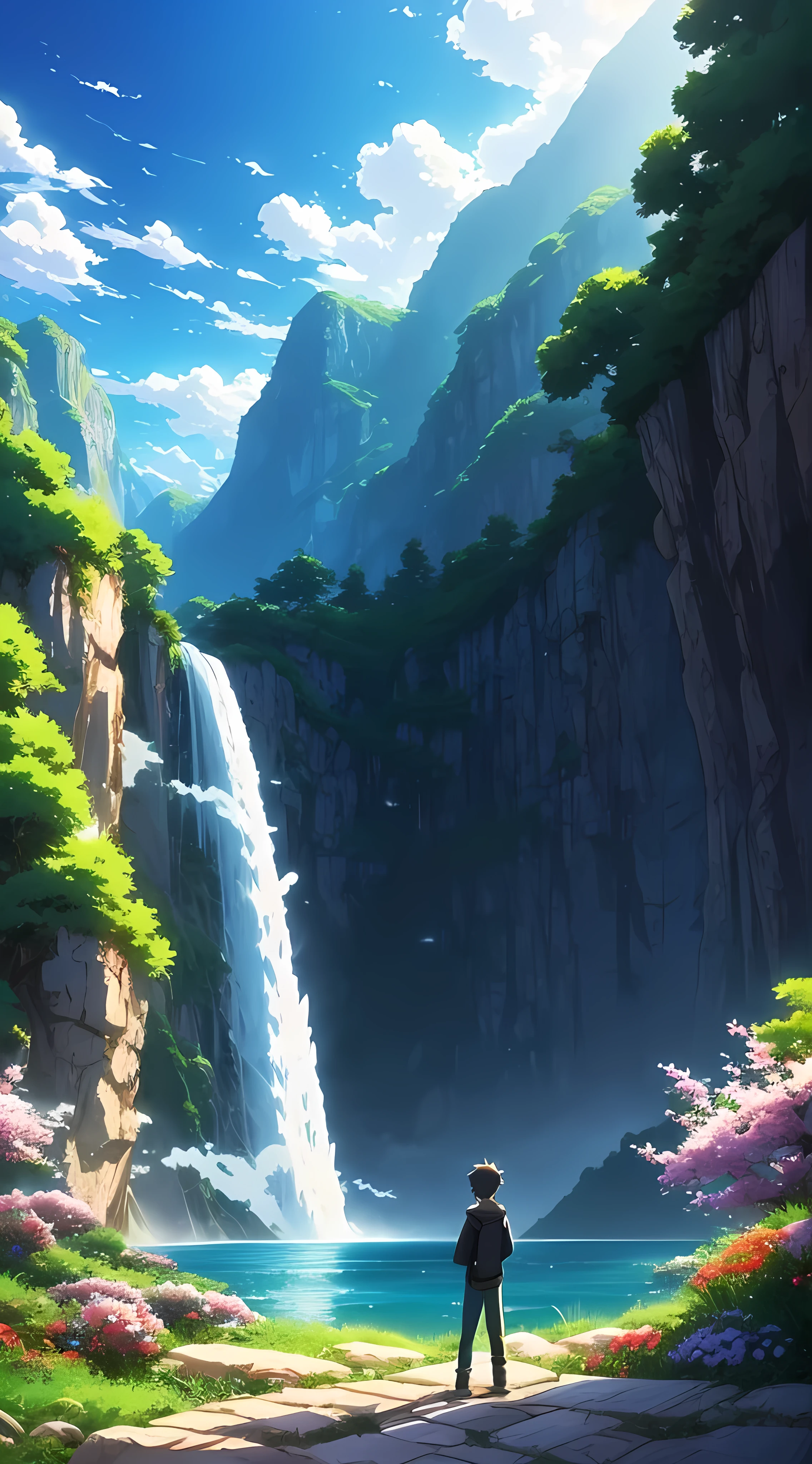 anime scene of a boy watching the beautiful waterfall , sky, mountains, clouds, from a field, greenery lush, flowers, anime nature, anime nature wallpap, anime background, beautiful anime scenery, beautiful anime scene, anime scenery, anime landscape, anime landscape wallpaper, makoto shinkai!, anime beautiful peace scene, anime countryside landscape, anime background art, makoto shinkai!!, anime movie background