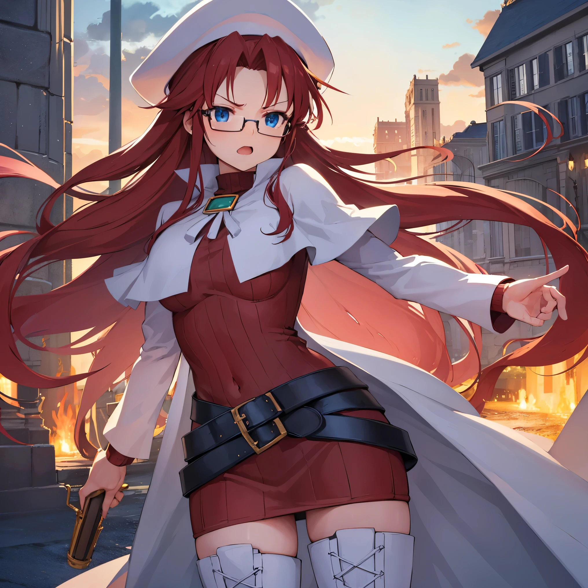 summonnightaty, aty, (young:1.3),long hair, blue eyes, red hair, large_beret, hat, glasses,
BREAK long hair, thighhighs, hat, dress, boots, glasses, belt, cape, sweater, zettai ryouiki, beret, thigh boots, white footwear, ribbed sweater, loose belt,solo,
BREAK outdoors, fantasy,on_cobblestone
,,Highquality_hads,perfect_fingers,
BREAK (masterpiece:1.2), best quality, high resolution, unity 8k wallpaper, (illustration:0.8), (beautiful detailed eyes:1.6), extremely detailed face, perfect lighting, extremely detailed CG, (perfect hands, perfect anatomy),covered_nipples,covered_navel ,half_eyes:,long_sword,armpit,sleepy,dynamic_fighting_pose,barrel,red_sweater,apart_legs,magical_effect,spread_legs, have_a_book,teacher,rise_knee,angry,open_mouth,rise_hand,shout,