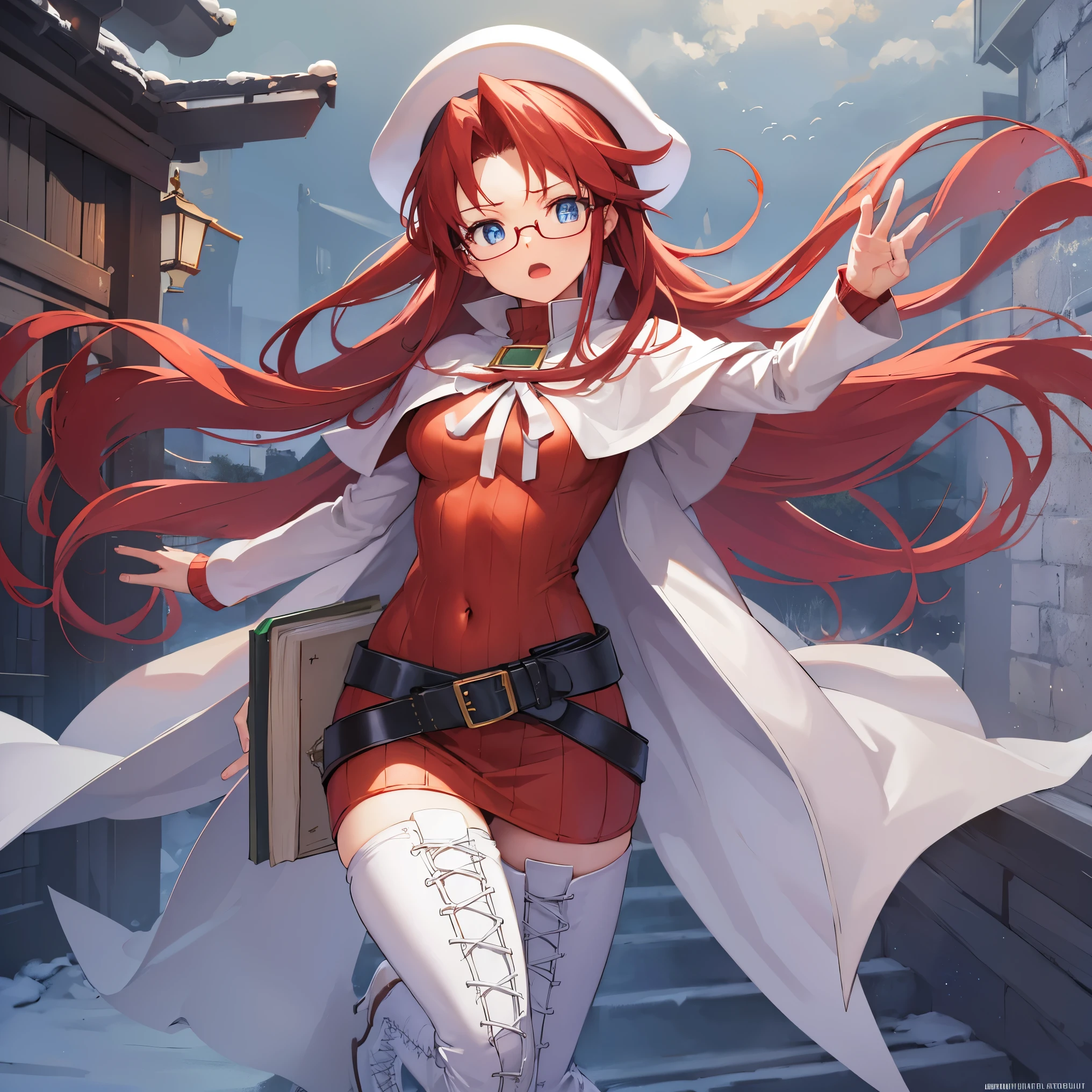 summonnightaty, aty, (young:1.3),long hair, blue eyes, red hair, large_beret, hat, glasses,
BREAK long hair, thighhighs, hat, dress, boots, glasses, belt, cape, sweater, zettai ryouiki, beret, thigh boots, white footwear, ribbed sweater, loose belt,solo,
BREAK outdoors, fantasy,on_cobblestone
,,Highquality_hads,perfect_fingers,
BREAK (masterpiece:1.2), best quality, high resolution, unity 8k wallpaper, (illustration:0.8), (beautiful detailed eyes:1.6), extremely detailed face, perfect lighting, extremely detailed CG, (perfect hands, perfect anatomy),covered_nipples,covered_navel ,half_eyes:,long_sword,armpit,sleepy,dynamic_fighting_pose,barrel,red_sweater,apart_legs,magical_effect,spread_legs, have_a_book,teacher,rise_knee,angry,open_mouth,rise_hand,shout,