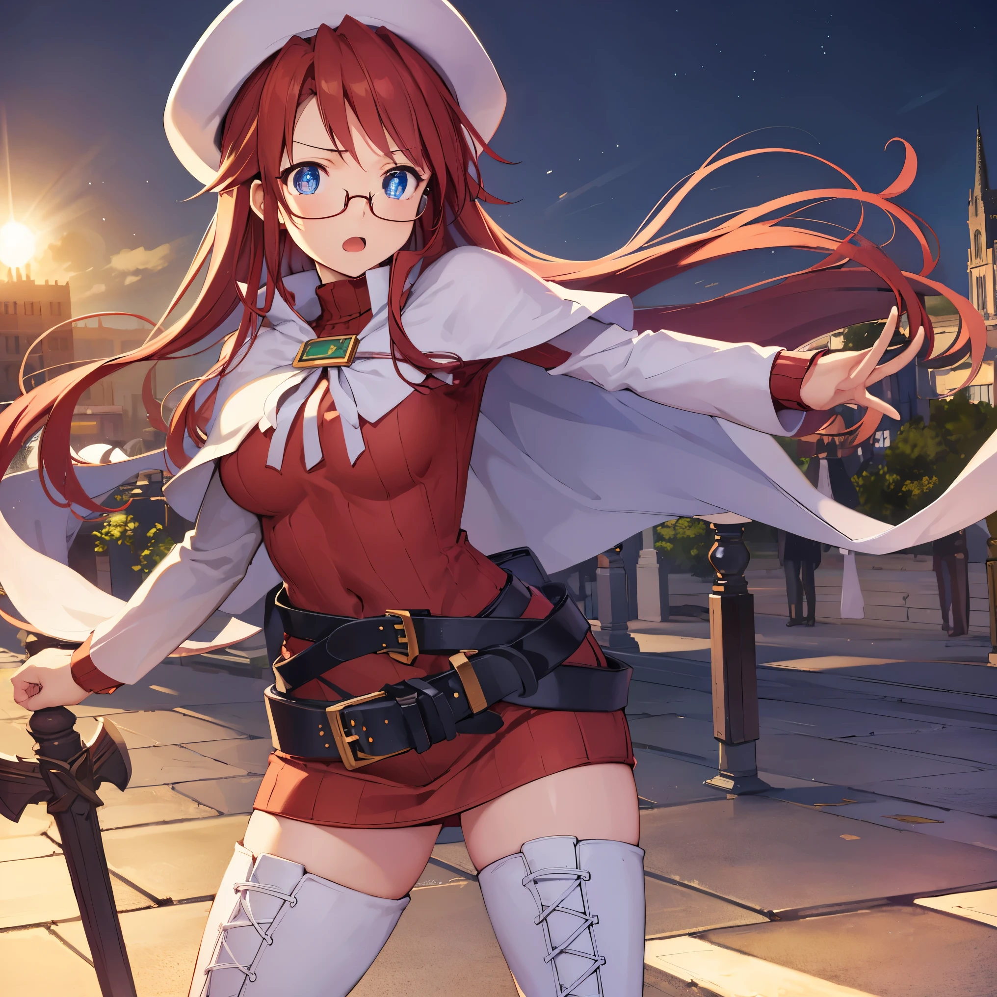 summonnightaty, aty, (young:1.3),long hair, blue eyes, red hair, large_beret, hat, glasses,
BREAK long hair, thighhighs, hat, dress, boots, glasses, belt, cape, sweater, zettai ryouiki, beret, thigh boots, white footwear, ribbed sweater, loose belt,solo,
BREAK outdoors, fantasy,on_cobblestone
,,Highquality_hads,perfect_fingers,
BREAK (masterpiece:1.2), best quality, high resolution, unity 8k wallpaper, (illustration:0.8), (beautiful detailed eyes:1.6), extremely detailed face, perfect lighting, extremely detailed CG, (perfect hands, perfect anatomy),covered_nipples,covered_navel ,half_eyes:,long_sword,armpit,sleepy,dynamic_fighting_pose,barrel,red_sweater,apart_legs,magical_effect,spread_legs, have_a_book,teacher,rise_knee,angry,open_mouth,rise_hand,shout,