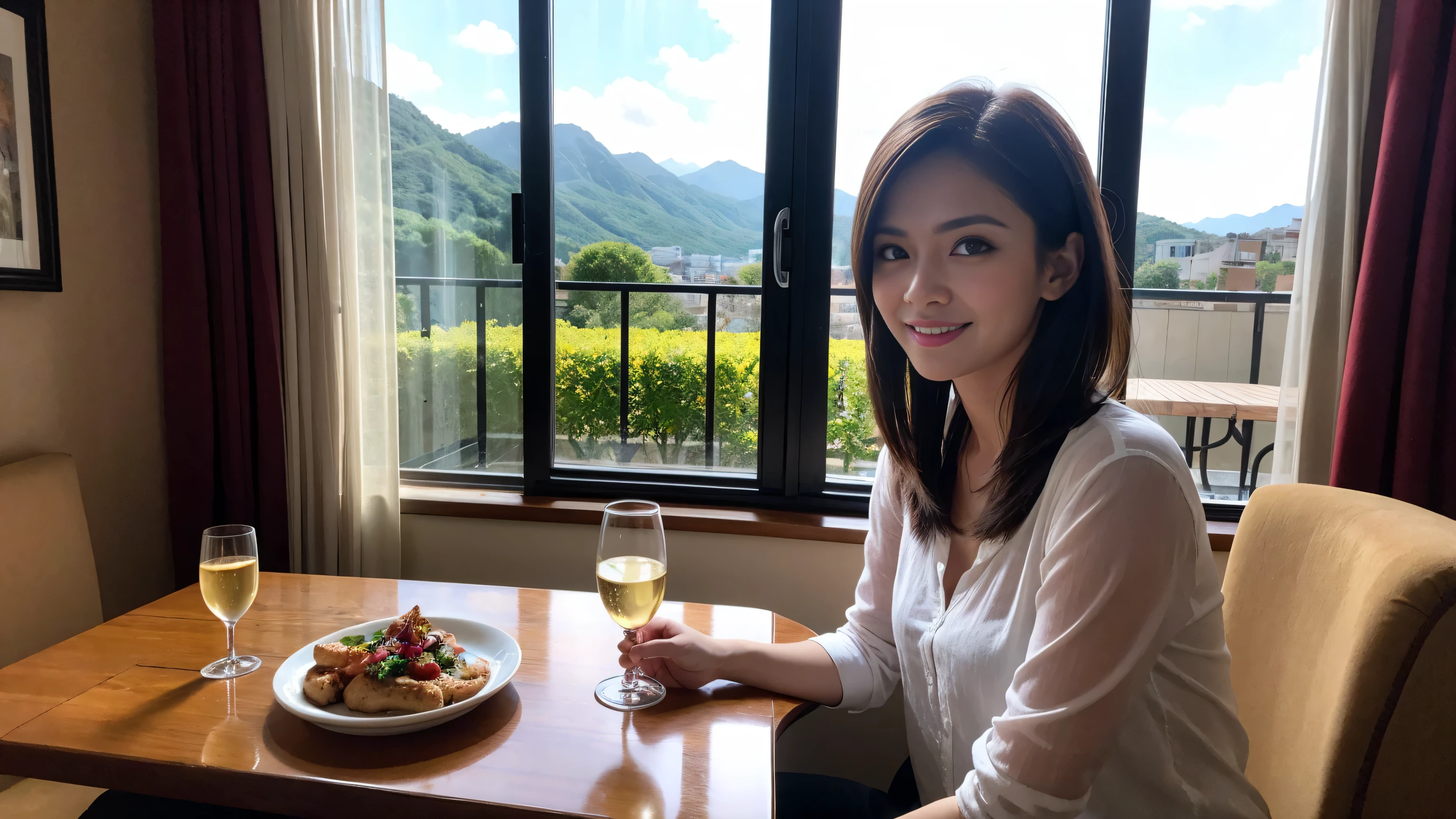 ((highest quality、8k、masterpiece:1.3))、Sharp focus:1.2、Beautiful woman perfect body:1.4、Slim body、((Bob Hale、Straight hair:1.2))、(to be born, highest quality, masterpiece:1.5), (Realistic, Intricate details:1.2), Ultra-high resolution, Shine light on your face、Amazing view of the sunset sky and clouds、Amazing mountain views、A bright smile、wine glass、red wine 、Appetizers、Italian food、Wine bottle、Champagne、sparkling wine、, Beautiful Face, blue eyes, The light shines on your face, Blushing, short hair,Bright Face、Fox face、 (42 years old), 40 years old, Lady、Two beauties、Brown Hair、Shortcuts、Long sleeve shirt、dress、Pretty Woman 1, (Slim face), (The body is slim), (Brown Hair), (Shortcuts), cheeks turn a little red,Attractive beauty、, Out of the window, A beautiful and detailed night view unfolds.........., restaurant, In a prominent place (From the waist up) Nova Frog Style, actress, model, Upper Body, White wine, slim, wine glass, Wine glass placed in the center, smile, (smile: 1.15), Beautiful fine grain, Depth f/2,saturation, High Contrast, Strong light and shadow,Moist Body:1.5、3D texture、Delicate eyes、Brown Hair、The hair is very shiny、