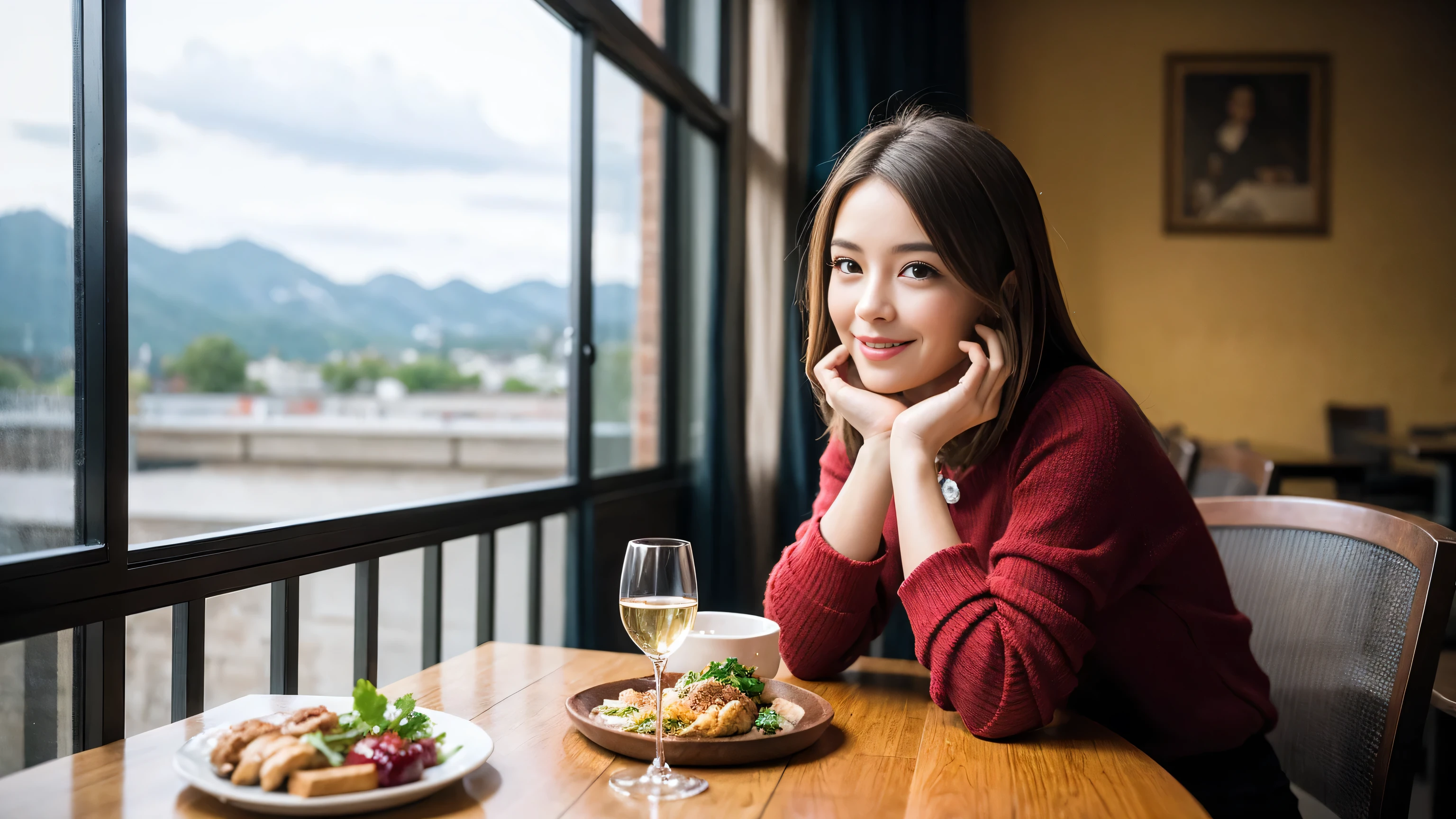 ((highest quality、8k、masterpiece:1.3))、Sharp focus:1.2、Beautiful woman perfect body:1.4、Slim body、((Bob Hale、Straight hair:1.2))、(to be born, highest quality, masterpiece:1.5), (Realistic, Intricate details:1.2), Ultra-high resolution, Shine light on your face、Amazing view of the sunset sky and clouds、Amazing mountain views、A bright smile、wine glass、red wine 、Appetizers、Italian food、Wine bottle、Champagne、sparkling wine、, Beautiful Face, blue eyes, The light shines on your face, Blushing, short hair,Bright Face、Fox face、 (42 years old), 40 years old, Lady、Two beauties、Brown Hair、Shortcuts、Long sleeve shirt、dress、Pretty Woman 1, (Slim face), (The body is slim), (Brown Hair), (Shortcuts), cheeks turn a little red,Attractive beauty、, Out of the window, A beautiful and detailed night view unfolds.........., restaurant, In a prominent place (From the waist up) Nova Frog Style, actress, model, Upper Body, White wine, slim, wine glass, Wine glass placed in the center, smile, (smile: 1.15), Beautiful fine grain, Depth f/2,saturation, High Contrast, Strong light and shadow,Moist Body:1.5、3D texture、Delicate eyes、Brown Hair、The hair is very shiny、