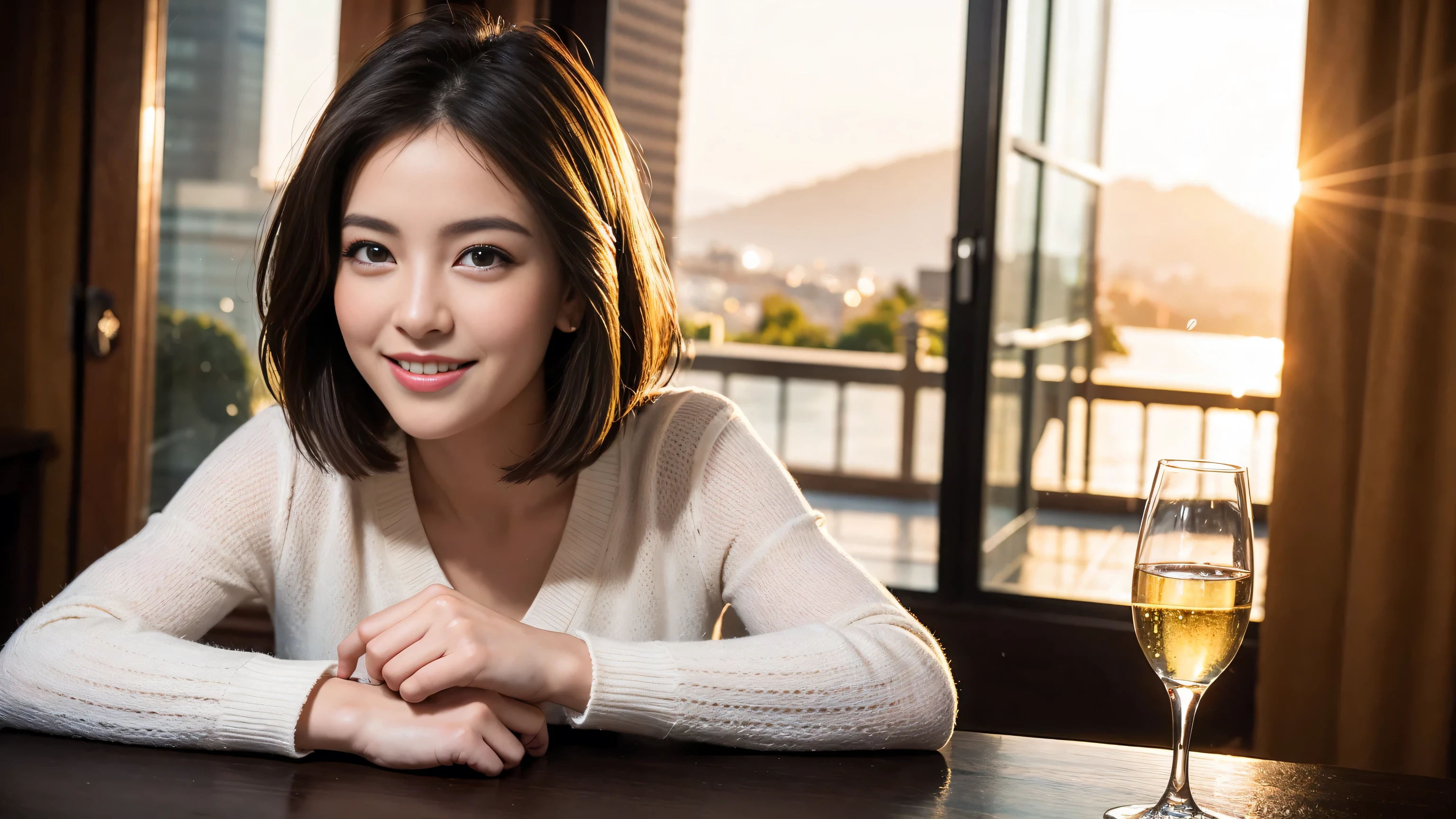 ((highest quality、8k、masterpiece:1.3))、Sharp focus:1.2、Beautiful woman perfect body:1.4、Slim body、((Bob Hale、Straight hair:1.2))、(to be born, highest quality, masterpiece:1.5), (Realistic, Intricate details:1.2), Ultra-high resolution, Shine light on your face、Amazing view of the sunset sky and clouds、Amazing mountain views、A bright smile、wine glass、red wine 、Appetizers、Italian food、Wine bottle、Champagne、sparkling wine、, Beautiful Face, blue eyes, The light shines on your face, Blushing, short hair,Bright Face、Fox face、 (42 years old), 40 years old, Lady、Two beauties、Brown Hair、Shortcuts、Long sleeve shirt、dress、Pretty Woman 1, (Slim face), (The body is slim), (Brown Hair), (Shortcuts), cheeks turn a little red,Attractive beauty、, Out of the window, A beautiful and detailed night view unfolds.........., restaurant, In a prominent place (From the waist up) Nova Frog Style, actress, model, Upper Body, White wine, slim, wine glass, Wine glass placed in the center, smile, (smile: 1.15), Beautiful fine grain, Depth f/2,saturation, High Contrast, Strong light and shadow,Moist Body:1.5、3D texture、Delicate eyes、Brown Hair、The hair is very shiny、