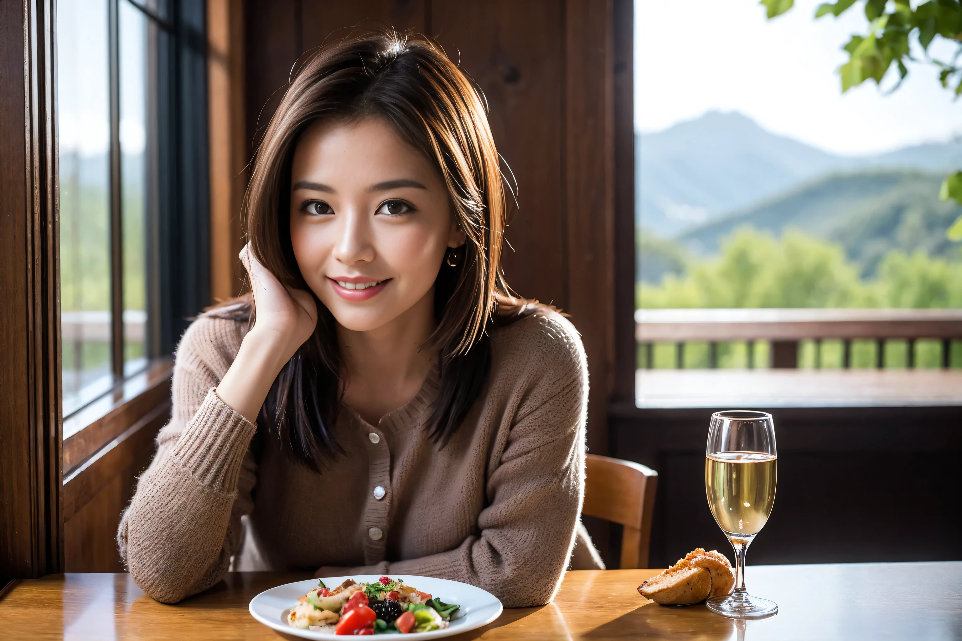 ((highest quality、8k、masterpiece:1.3))、Sharp focus:1.2、Beautiful woman perfect body:1.4、Slim body、((Bob Hale、Straight hair:1.2))、(to be born, highest quality, masterpiece:1.5), (Realistic, Intricate details:1.2), Ultra-high resolution, Facial Lighting、Amazing view of the sunset sky and clouds、Amazing mountain views、A bright smile、wine glass、red wine 、Appetizers、Italian food、Wine bottle、Champagne、sparkling wine、, Beautiful Face, blue eyes, The light shines on your face, Blushing, short hair,Bright Face、Fox face、 (36 years old), 39 years old, Lady、Two beauties、Brown Hair、Shortcuts、Long sleeve shirt、dress、Pretty Woman 1, (Slim face), (The body is slim), (Brown Hair), (Shortcuts), cheeks turn a little red,Attractive beauty、, Out of the window, A beautiful and detailed night view unfolds.........., restaurant, In a prominent place (From the waist up) Nova Frog Style, actress, model, Upper Body, White wine, slim, wine glass, Wine glass placed in the center, smile, (smile: 1.15), Beautiful fine grain, Depth f/2,saturation, High Contrast, Strong light and shadow,Moist Body:1.5、3D texture、Delicate eyes、Brown Hair、The hair is very shiny、