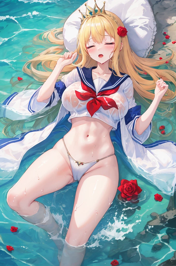 masterpiece，8k，Fairy tale style，Rose Princess，sleeping Beauty，A woman with big ，ahegao，Long blond hair，Sailor Suit，Showing belly，Slim waist，Lying in the sea，Wet clothes，