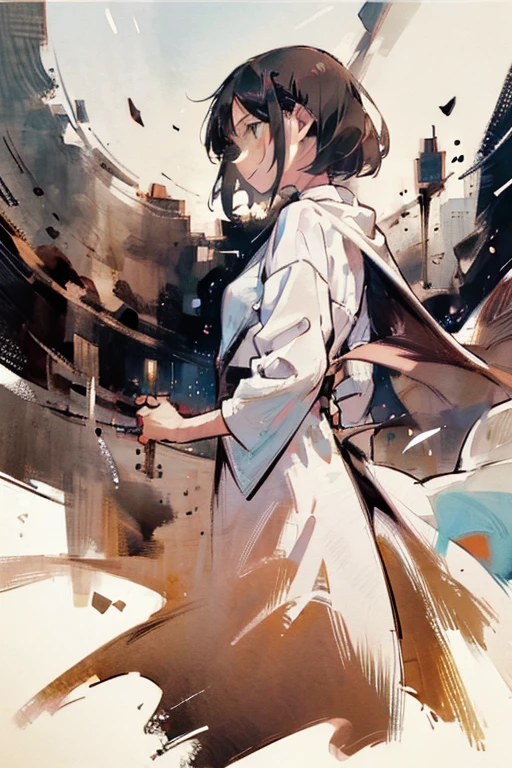 name: "Connection of souls"
material: acrylic on canvas Size: 70x100 cm Idea: This painting represents a powerful connection between two people. Beautiful Asian woman with long, With stunning straight dark brown hair, she looks like the epitome of grace and beauty. She is wearing a white medical coat, which flutters easily in the wind, and under it - stylish ordinary clothes, highlighting her confidence. Her boyfriend is standing next to her, dark short-haired brunette in light clothes, reminiscent of assassin paraphernalia, symbolizing his strength and determination. They stand against a bright background, abstract landscape, filled with bright colors and symbolizing the diversity of their world. Their views are filled with mutual understanding and love, creating the impression of an irresistible connection between their souls.