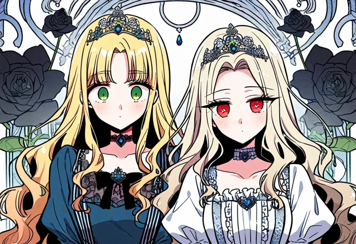 shoujo manga, (floral background), romance manhwa, BREAK (2girls:1.3), (aligned:1.2), couple, silver hair, blonde hair, solo, long hair, flower, dress, (tiara), white dress, gloves, long sleeves, choker, (green eyes), red eyes, mascara, makeup, white gloves, black bow, black flower, wavy hair, bow, jewelry, looking at viewer, white background, collarbone, puffy sleeves, silver accessories, upper body, parted bangs, very long hair, blue dress, frills, bangs, closed mouth, detailed eyes, gleaming skin, shiny glossy skin