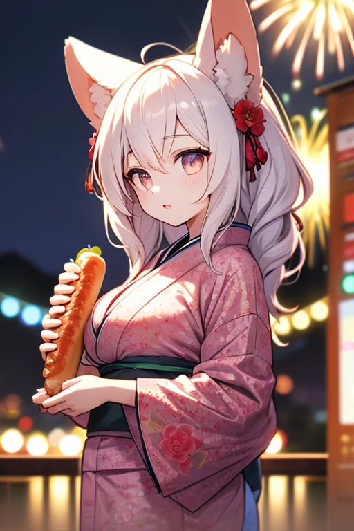 Animal ears　girl　Floral kimono　Big Breasts　See-through　Night view　firework　Hot Dog