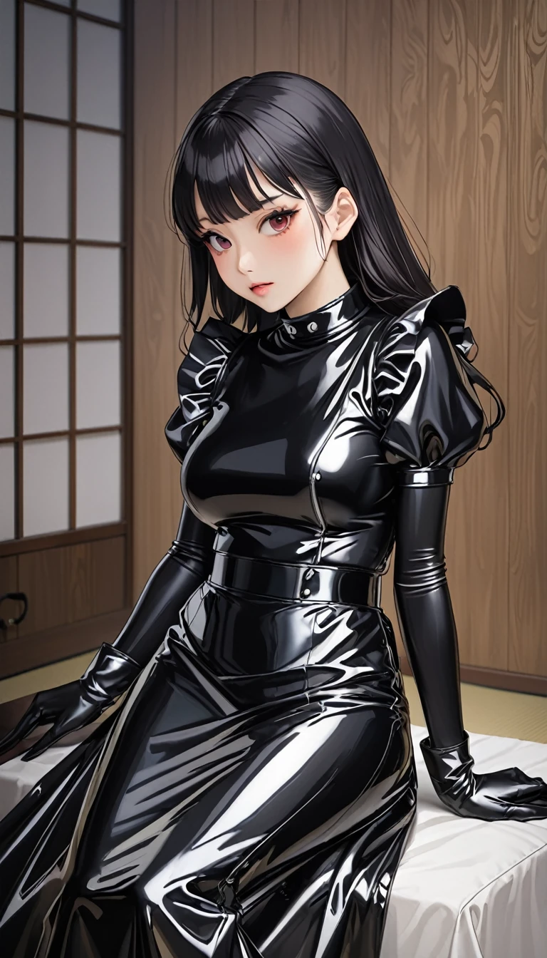 ２５Old Japanese woman、(Black latex maid outfit)、Black latex long skirt、Black latex long sleeve shirt、Long gloves in black latex、Latex has a very strong shine、Diagonal Composition