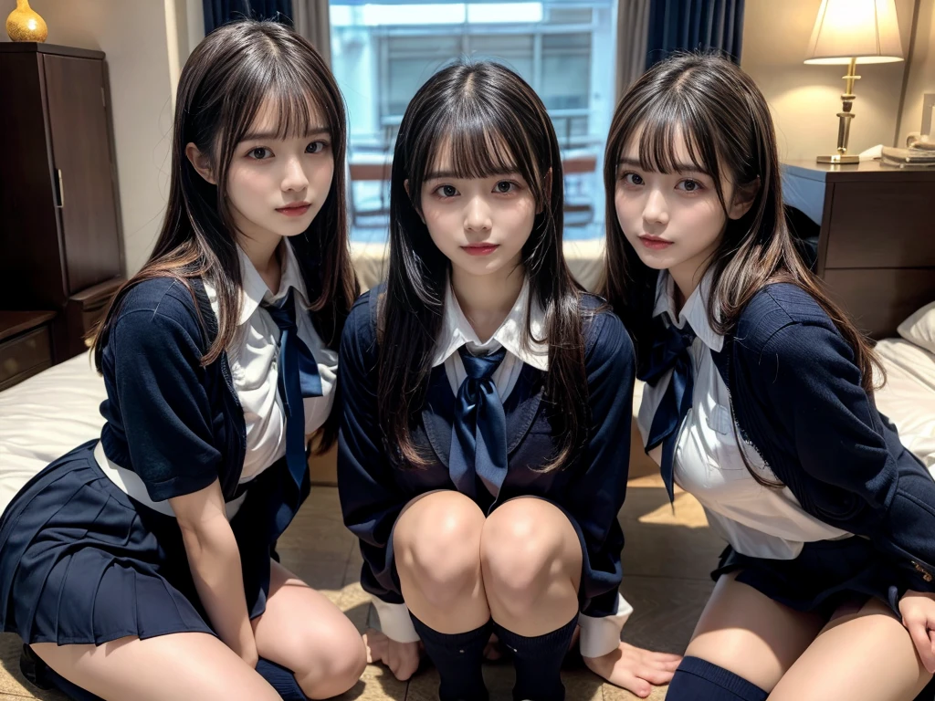 (8K, Raw photography, top-quality, masterpiece:1.2), master piece, best quality, illustration, Super detailed, fine details, High resolution, 8K,wall paper, perfect dynamic composition,(Details High quality, realistic depiction of eyes:1.3), ((2 girls, 2 schoolgirls)), The background is a luxury hotel room、High school girl uniform、blazer 、Super Short Check Uniform Skirt、Navy blue high socks、garterbelts、Colossal tits、Disturbed uniform, Play with each other,Touching each other's bodies,Touching the body of the girl next door, short bob hair, black hair color, huge breasts, Big Natural Color Lip, bold sexy pose, (perfect body shape), crying a little、cold gaze, Beautiful makeup,glitter makeup,Cutest 18 years old, beautiful legs, hposing Gravure Idol, Voluptuous thighs