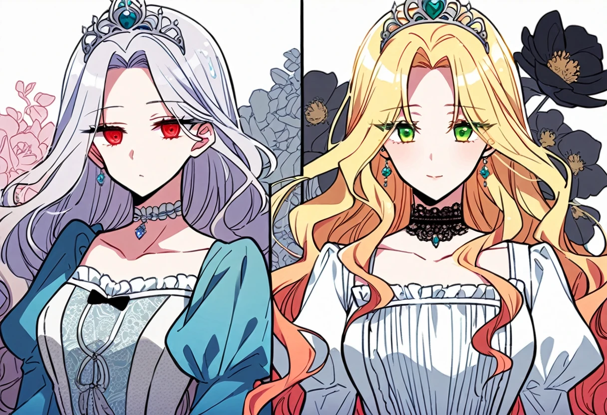 shoujo manga, (floral background), romance manhwa, BREAK (2girls:1.3), (aligned:1.2), couple, silver hair, blonde hair, solo, long hair, flower, dress, (tiara), white dress, gloves, long sleeves, choker, (green eyes), red eyes, mascara, makeup, white gloves, black bow, black flower, wavy hair, bow, jewelry, looking at viewer, white background, collarbone, puffy sleeves, silver accessories, upper body, parted bangs, very long hair, blue dress, frills, bangs, closed mouth, detailed eyes, gleaming skin, shiny glossy skin