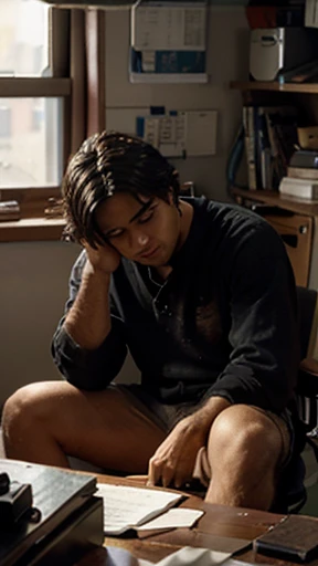 Leonardo sat in front of a messy work desk, staring at the computer screen in frustration because his work was not going smoothly.