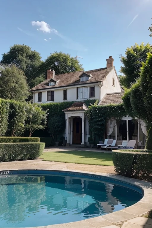 Blue sky over the wonderful house with pool and rose garden and swan