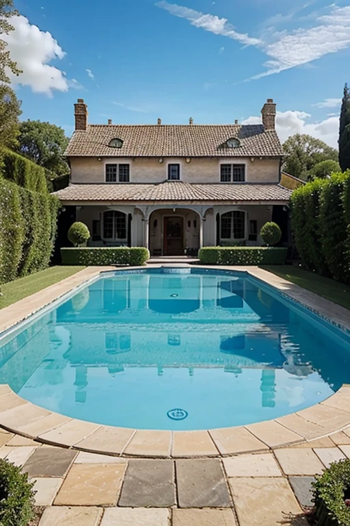 Blue sky over the wonderful house with pool and rose garden and swan