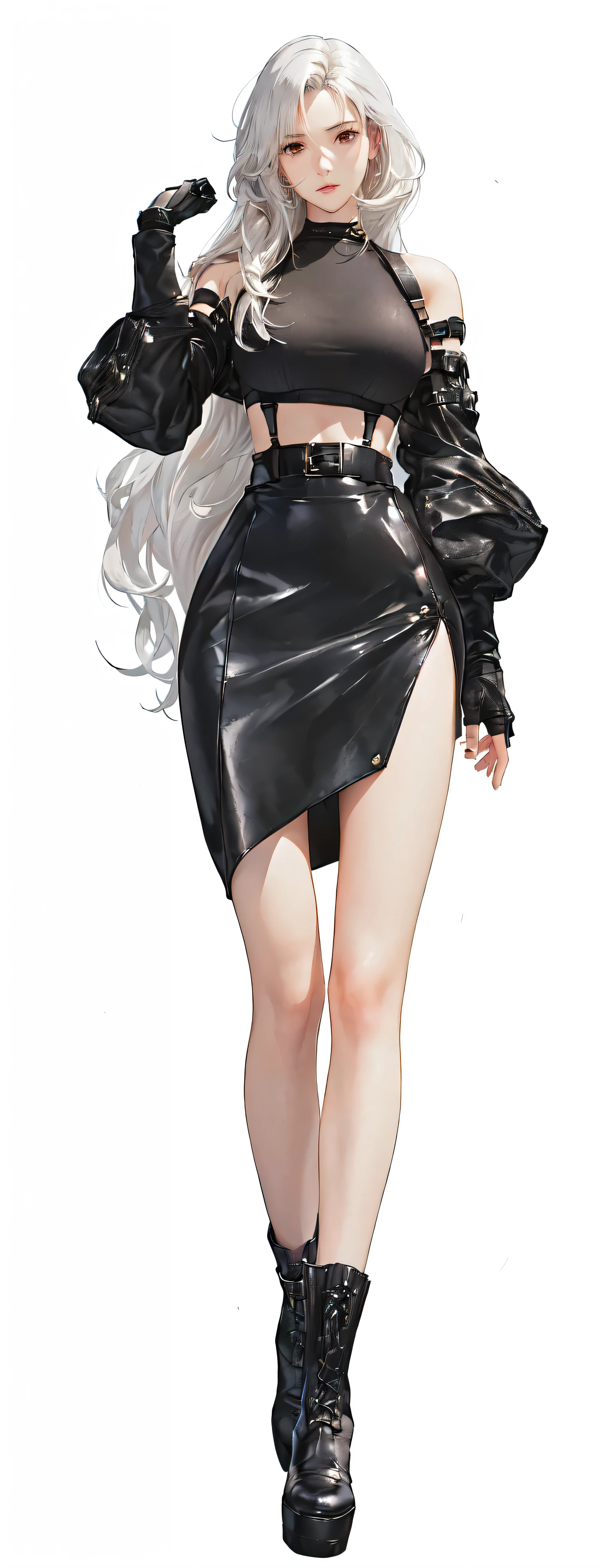 Close-up of a person in a skirt and boots, tifa lockhart ((White big wavy hair)), from Girls' Frontline, Anime girl in black dress, 2 b, 2b, fine details. Girls' Frontline, anime Full body illustration, Girls' Frontline style, Persona 5 art style wlop, Full body illustration, Cute anime girl in a beautiful skirt