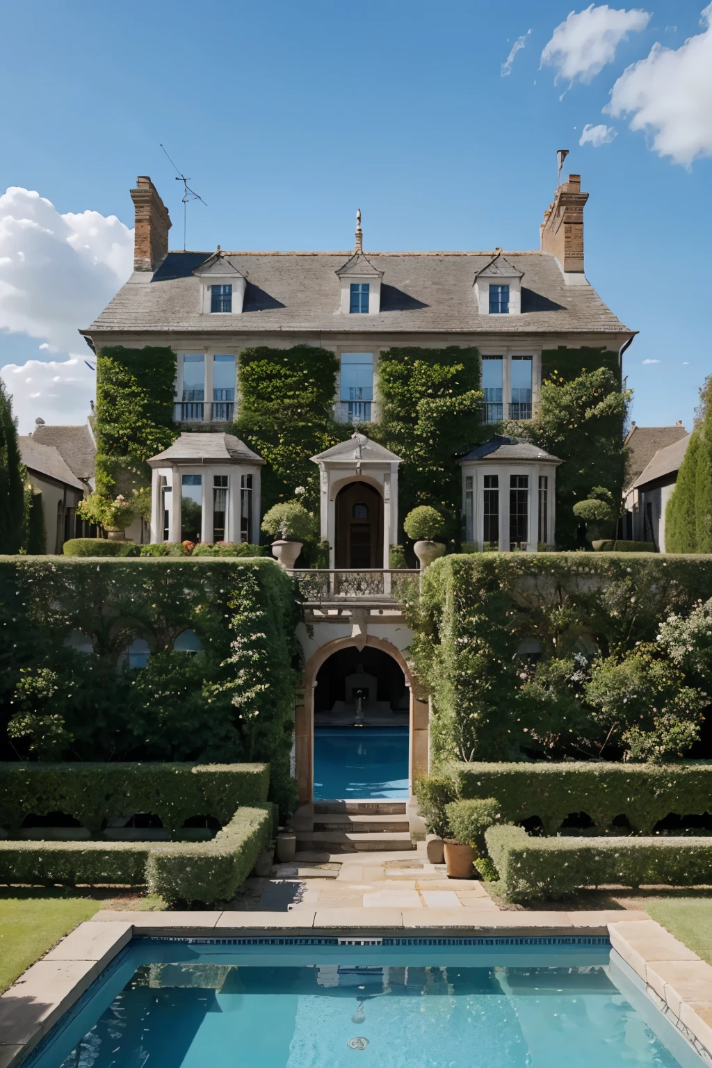 Blue sky over the wonderful house with pool and rose garden and swan