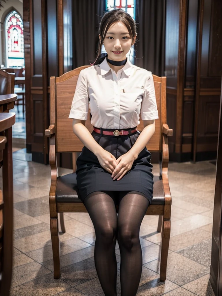 masterpiece, best quality, 1 girl, solo, 20 years old, small breasts, Perfect Face, beautiful, extremely long hair, undertaker, church, black pantyhose, pink lace panty, panties under pantyhose, japanese, (skirt lift:1.1), (show off panties:1.1), embarrassed, hand between legs, sit on a chair,