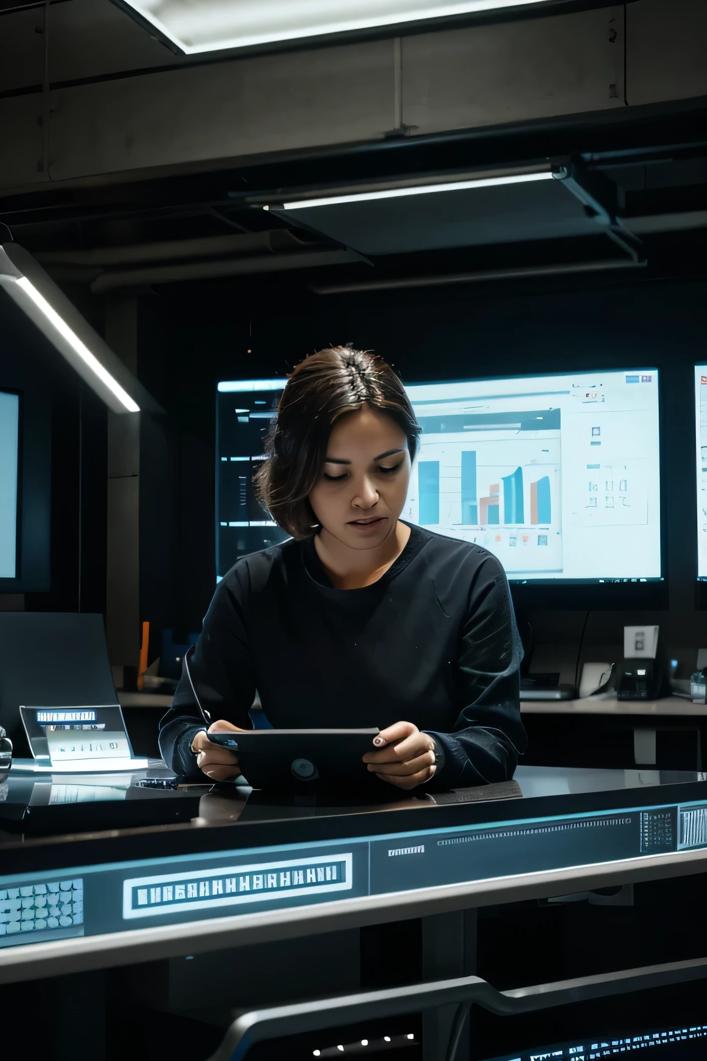 Create an image that highlights technology and innovation. The scene should include a person working with advanced tools or data analysis software, with elements like graphs, charts, and digital interfaces. The setting should be a modern office environment, showcasing a high-tech and forward-thinking atmosphere, perfect for a marketing expert job post.