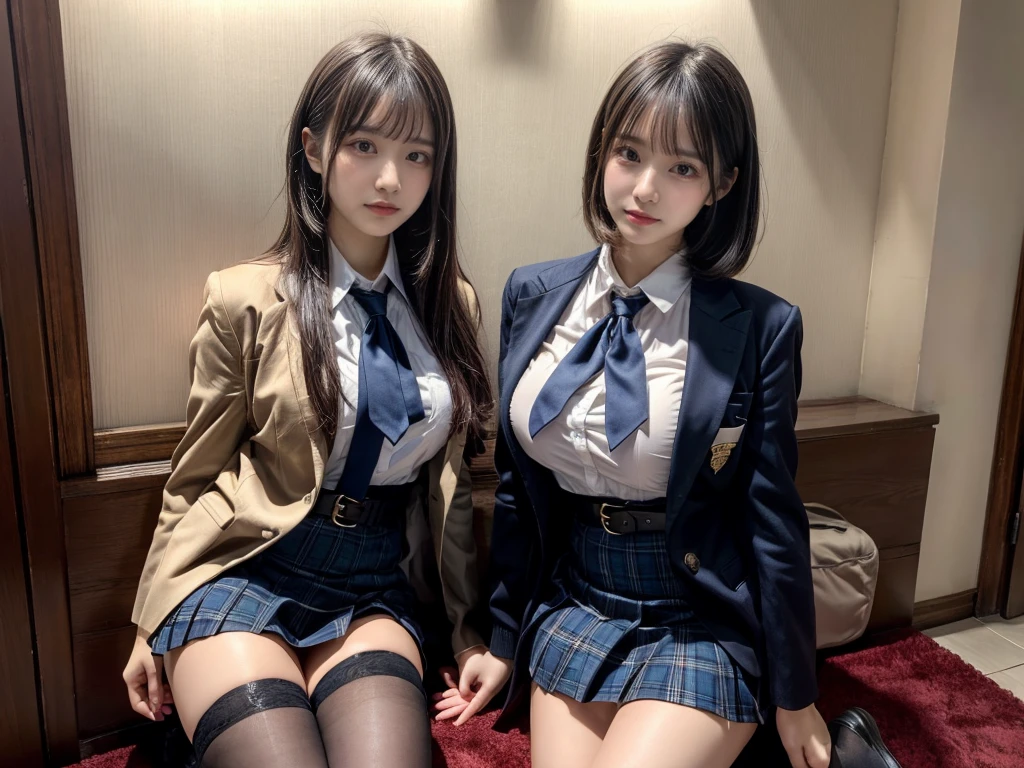 (8K, Raw photography, top-quality, masterpiece:1.2), master piece, best quality, illustration, Super detailed, fine details, High resolution, 8K,wall paper, perfect dynamic composition,(Details High quality, realistic depiction of eyes:1.3), ((2 girls, 2 schoolgirls)), The background is a luxury hotel room、High school girl uniform、blazer 、Super Short Check Uniform Skirt、Navy blue high socks、garterbelts、Colossal tits、Disturbed uniform, Play with each other,Touching each other's bodies,Touching the body of the girl next door, short bob hair, black hair color, huge breasts, Big Natural Color Lip, bold sexy pose, (perfect body shape), crying a little、cold gaze, Beautiful makeup,glitter makeup,Cutest 18 years old, beautiful legs, hposing Gravure Idol, Voluptuous thighs