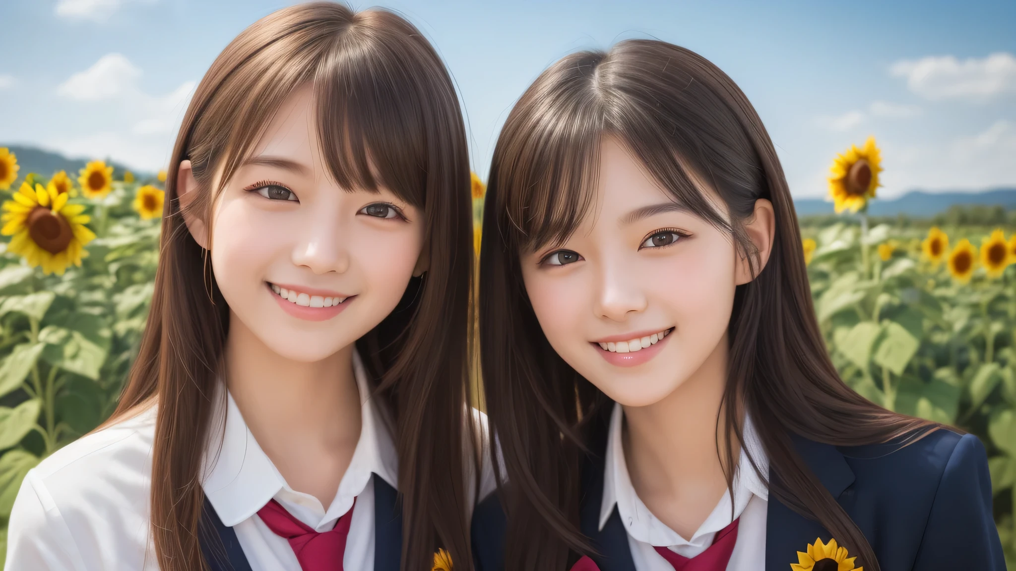 (2girl), (happy smiles), (high school uniform), (Best Quality:1.4), Realistic, extremely detailed CG unified 8k wallpaper, highly detailed, High-definition raw color photos, professional photography, Realistic portrait, Beautiful detailed, Close up portrait of girl, Outdoors, Beautiful scenery, (Surrounded by many sunflowers:1.2), (Fine face:1.2),