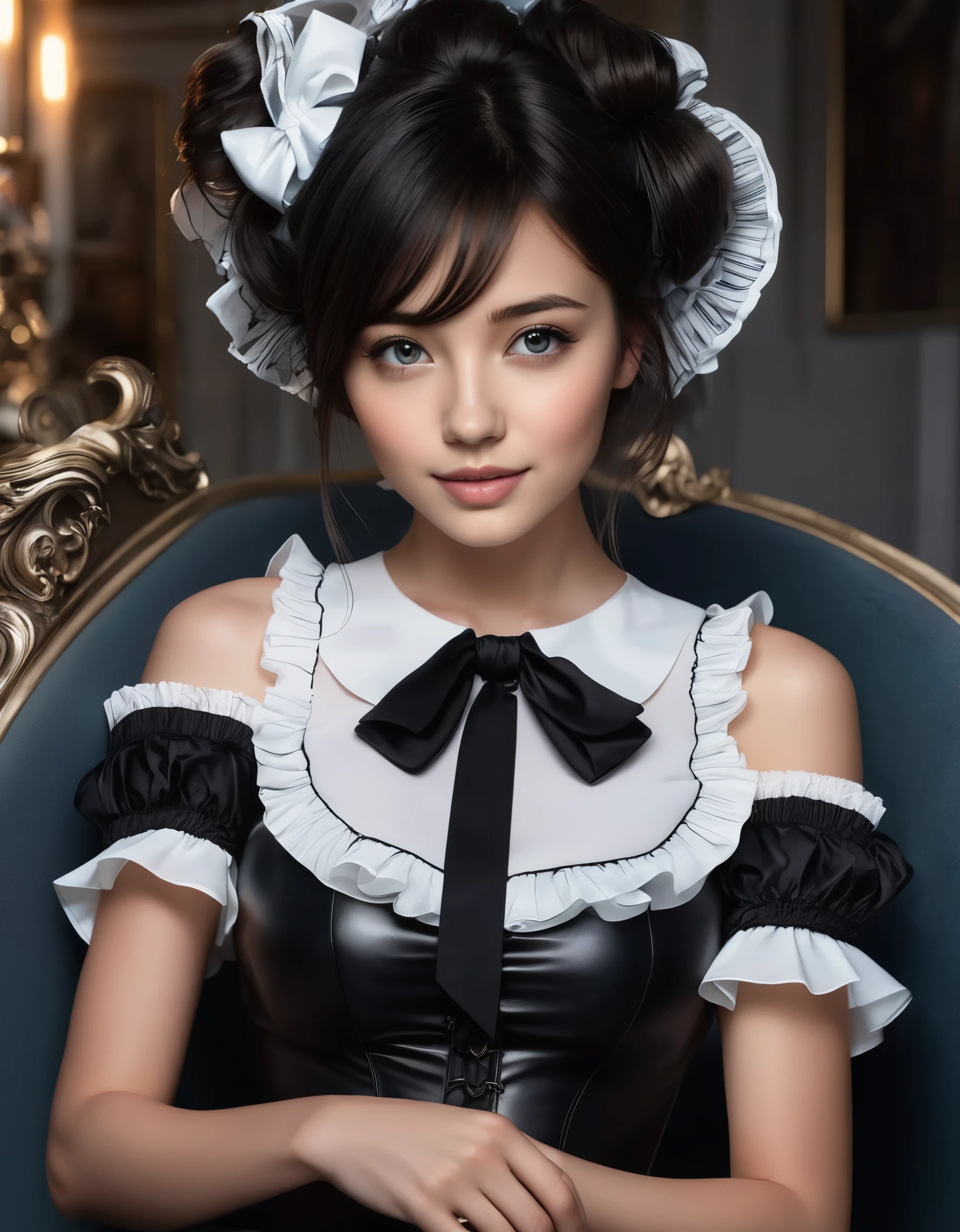 (masterpiece, Best Quality, hyper Detailed, hyper Realistic luna girl:1.3), digital art, BREAK beautiful Pretty Japanese ig model, (glamorous body:1.2), Happy, render of april, random angle, all body shot),(sitting, active posing:1.4), BREAK (Detailed wear, all body wear:1.2), Monochrome Pierrot Costume,
Opt for a fitted corset bodice with black and white diamond patterns, accentuating the waist, Layer with a ruffled, off-the-shoulder blouse in contrasting black and white hues, adorned with oversized bows for a whimsical touch,
BREAK
Pair with high-waisted black pants, featuring exaggerated ruffles or pleats for added volume and drama,
Accessorize with black and white striped stockings or tights, and patent leather ankle boots with oversized buckles for a modern twist on classic clown footwear, arranged gray hair, BREAK (Detailed , Detailed bodyline, Detailed legs and calves), (very slim waist, firm , large , beautiful legs:1.3), White and beautiful Silky skin, thin and short neck, (small head, small face), BREAK small head, Detailed face, cute and Pretty (slim oval shape face:1.3), wide Duck mouth, half open mouth, perfectly aligned teet, perfect beautiful Tooth, blue eyes, half open eyes, shiny Droopy eyes, gray hair, looking other, (A foggy city with mist drifting and steam rising from concrete),